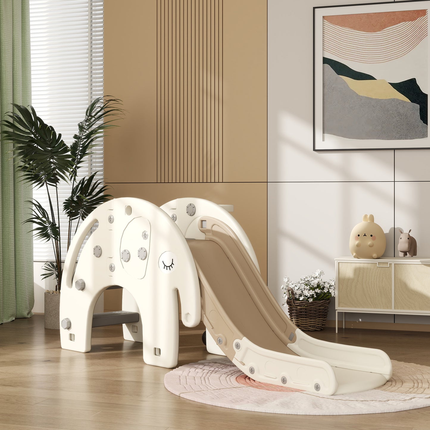 3 in 1 Toddler Slide with Basketball Hoop, Climber, for 1-3 Years Old, Elephant-themed Kids Crystal