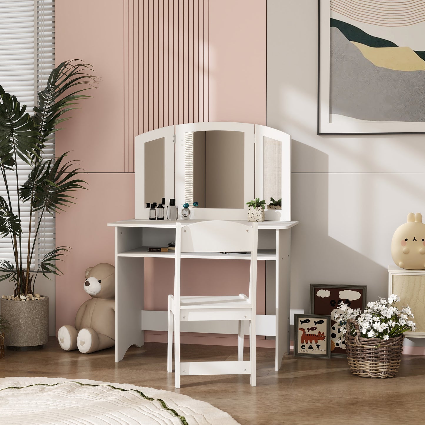 2 in 1 Kids Vanity Set Makeup Dressing Table Pretend Play Set with Tri-Folding Mirror, Stool, Storage Shelf Kids Crystal
