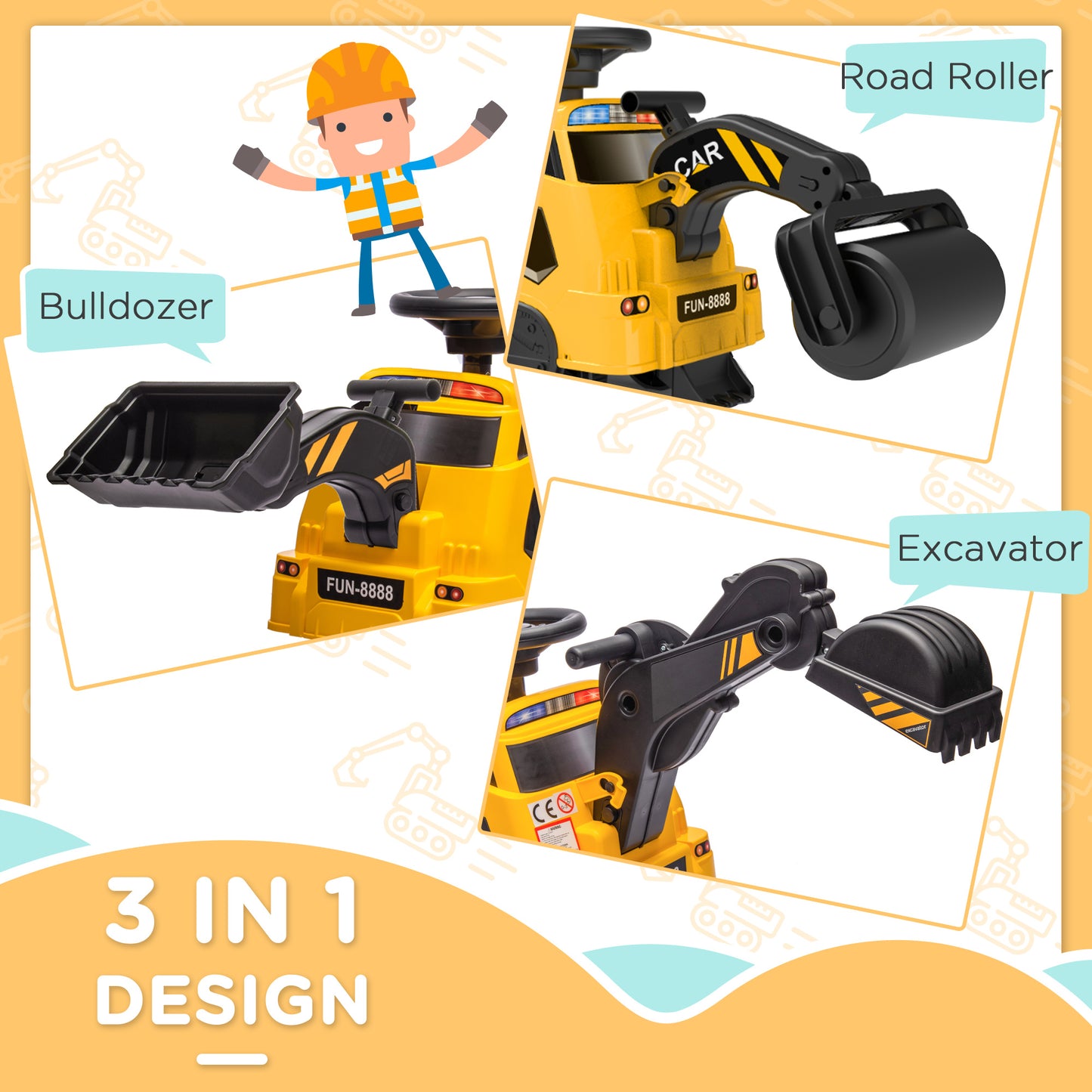 3 in 1 Kids Ride On Excavator Bulldozer Road Roller Pretend Play Construction Toy with Music Yellow for 18-48 Months Kids Crystal