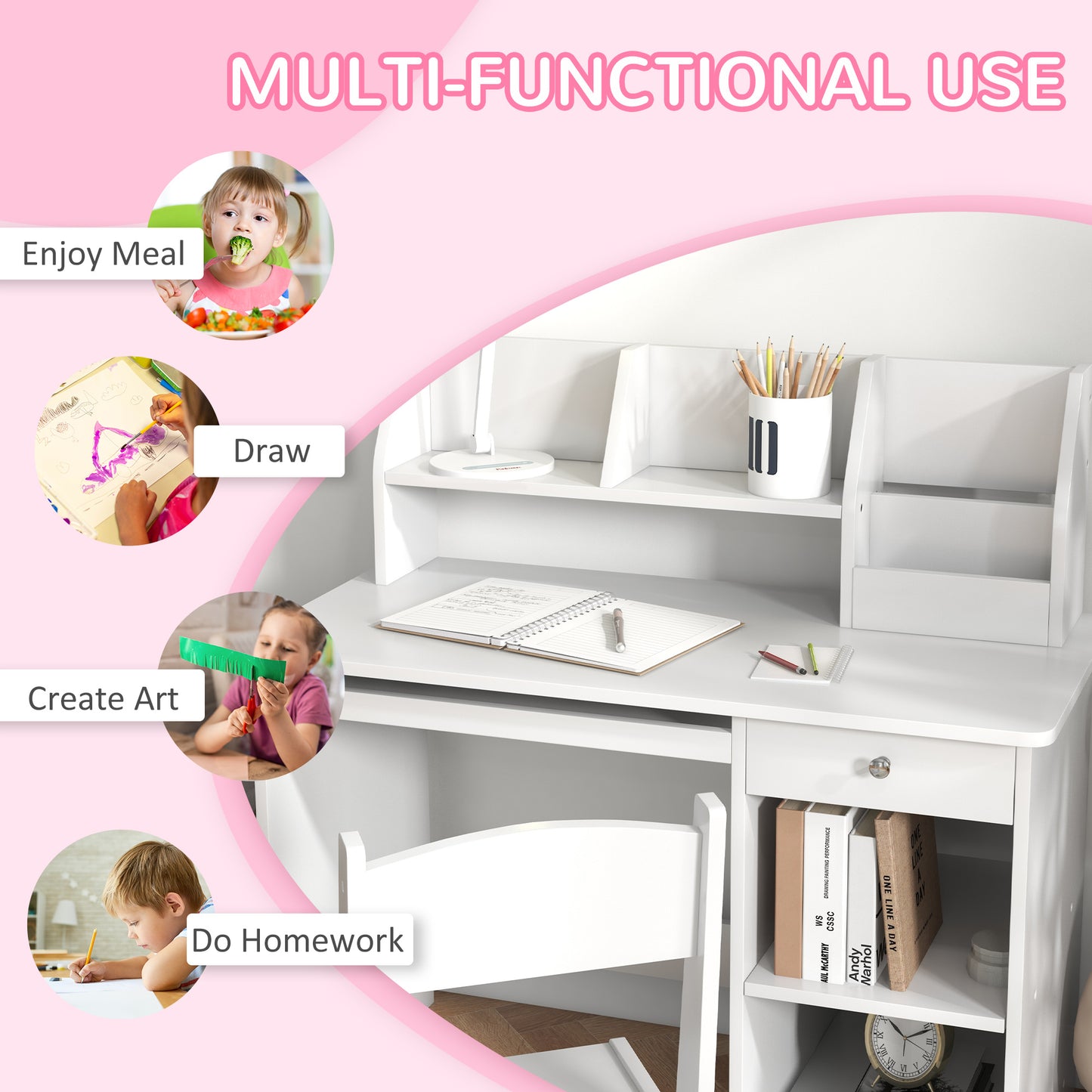 Kids Desk and Chair Set for 5-8 Year Old with Storage Study Table and Chair for Children White Kids Crystal