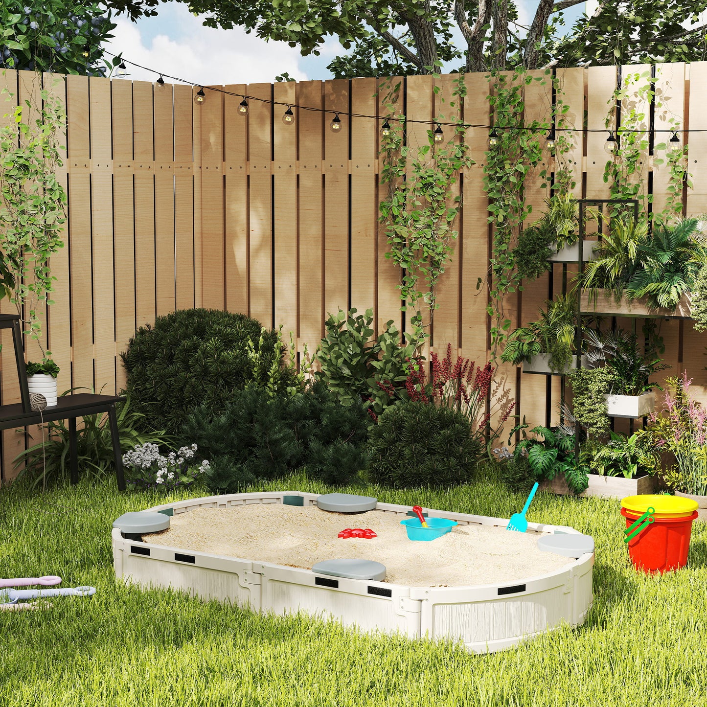 Kids Sandbox with Cover, Seat, Sandbox Outdoor for Backyard, Cream White Kids Crystal