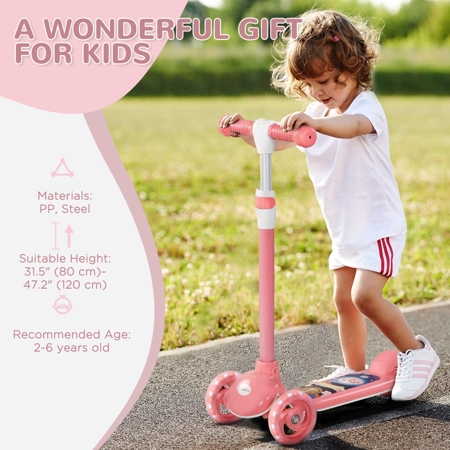 3 Wheel Kids Scooter, Toddler Kick Scooter with Adjustable Height, Rear-Fender Brake, LED Light, TPE Handlebar, Pink Kids Crystal