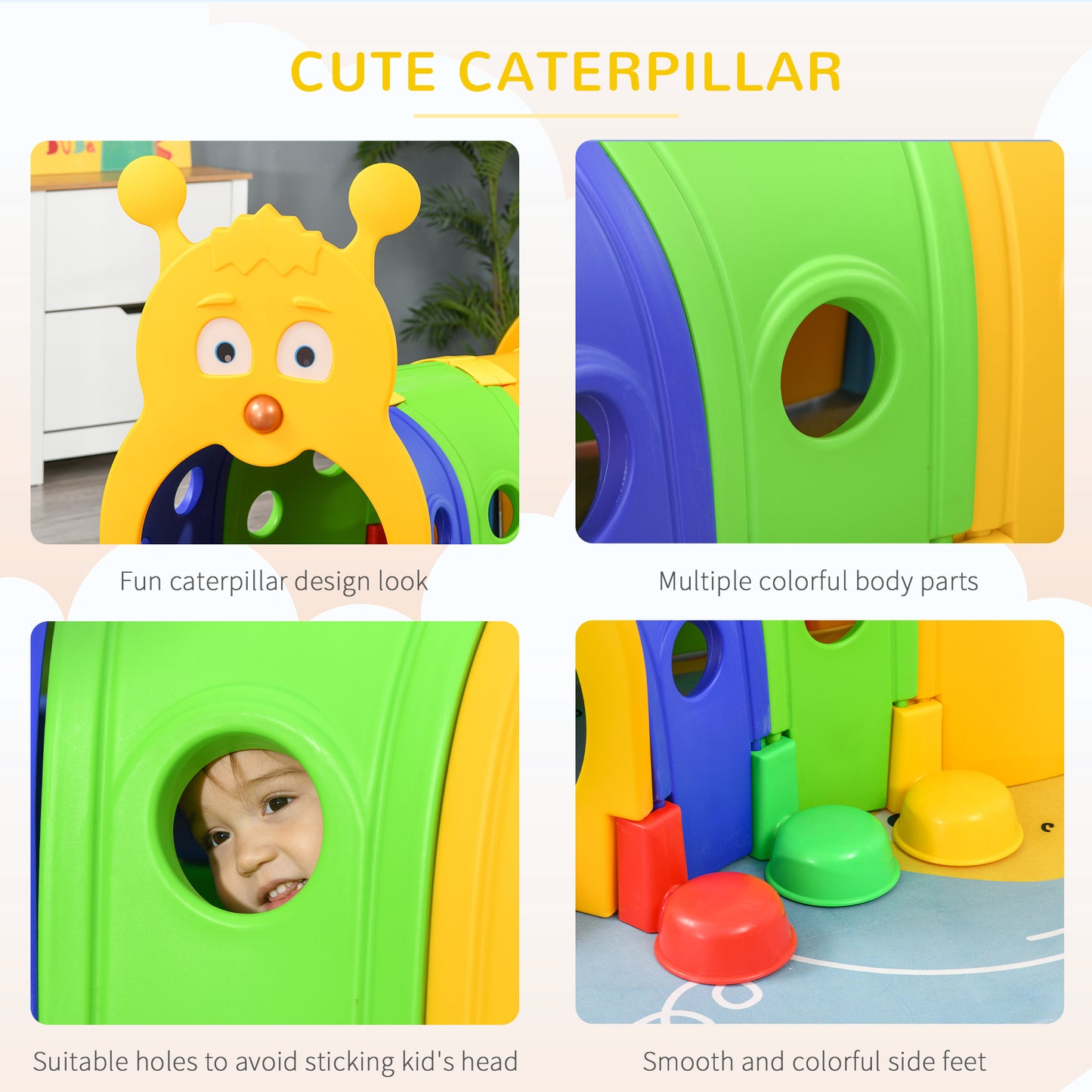 Kids Caterpillar Tunnel Climb-N-Crawl Toy Indoor Outdoor Play Multicolor for Ages 3-6 Kids Crystal