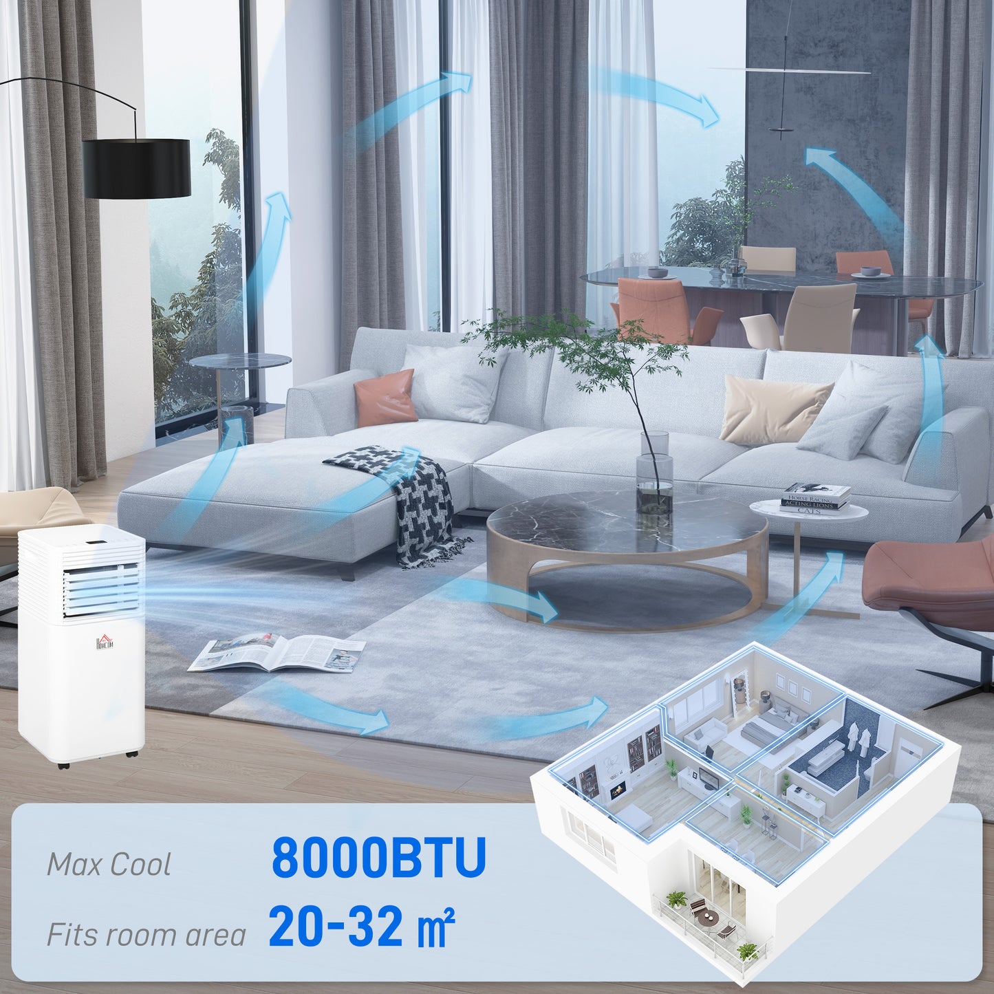 8000 BTU Portable Air Conditioner with Fan & Dehumidifier Mode, Quiet AC Unit with Remote Control, 24-Hour Timer, White Kids Crystal