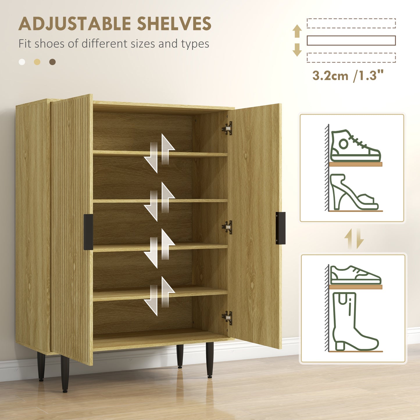 Entryway Shoe Storage Cabinet 5-Tier Shelving Adjustable Shelves for 15 Pairs Oak Kids Crystal
