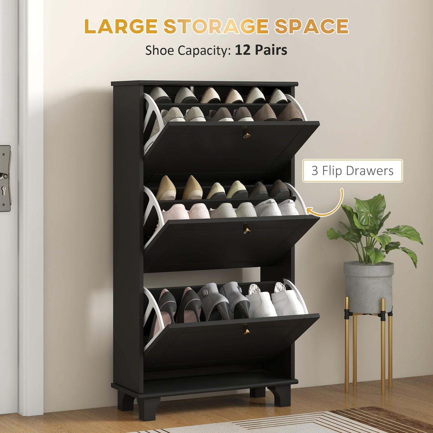 Narrow Shoe Storage 3 Flip Drawers Adjustable Shelves Shoe Organizer 12 Pairs Black Space Saving Kids Crystal