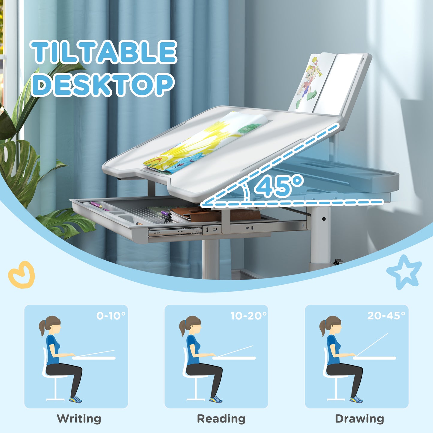 Height Adjustable Kids Desk and Chair Set with Tilt Desktop, Large Writing Board, Storage Drawer, Book Stand, Grey Kids Crystal