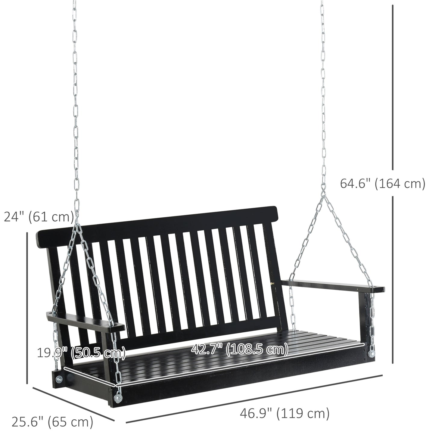 2-Seater Patio Swing Chair, Fir Wooden Porch Swing with Slatted Design, Hanging Chains for Outdoor, Garden, Black Kids Crystal