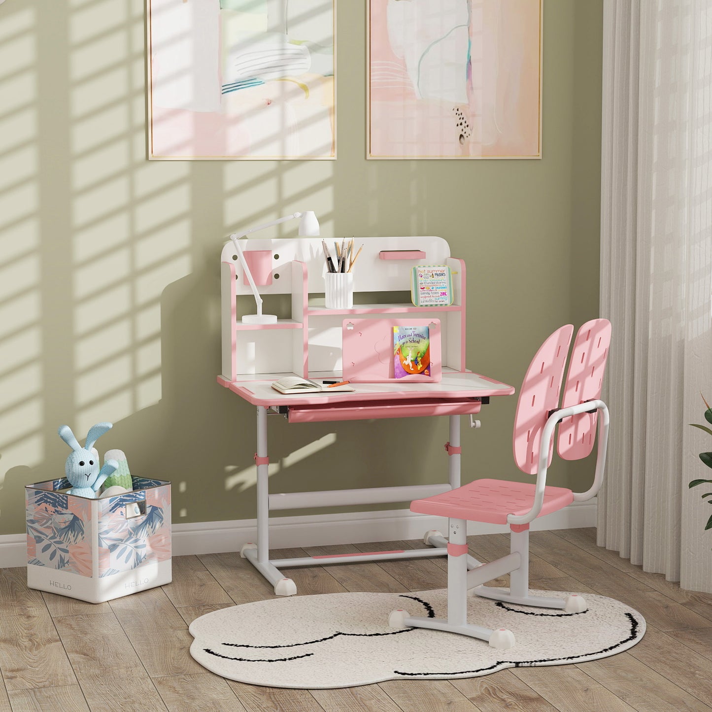 Adjustable Height Kids Desk and Chair Set, Kids Study Table and Chair with Tilt Desktop, Drawer, Reading Rack, Pink Kids Crystal
