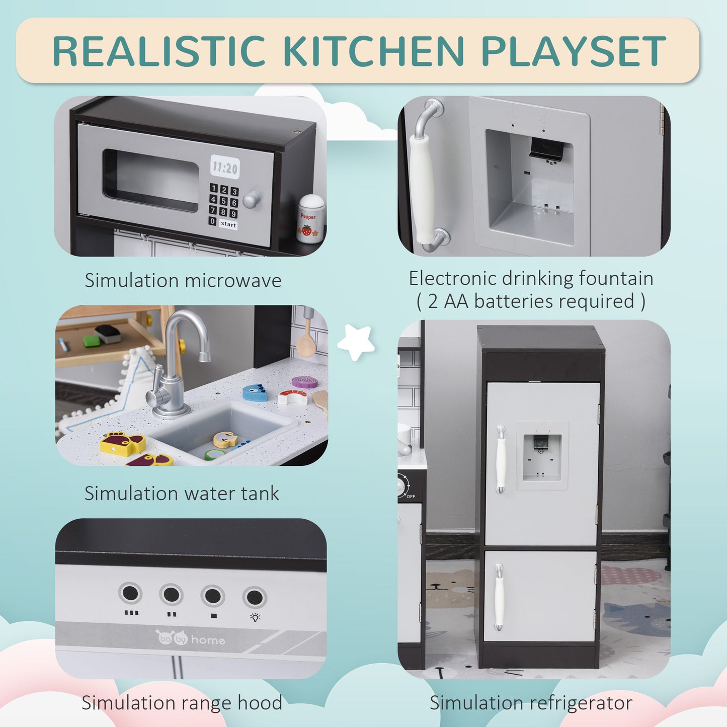 Play Kitchen Set for Kids - Black Cooking Toy with Drinking Fountain, Microwave, Fridge & Accessories Kids Crystal