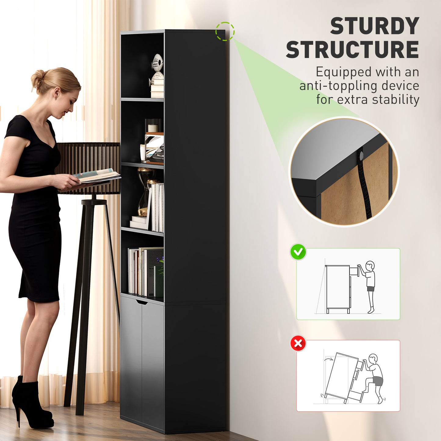 4-Tier Open Bookshelf with Doors Modern Home Office Bookcase Storage Cabinet for Living Room Bathroom Study, Black Kids Crystal