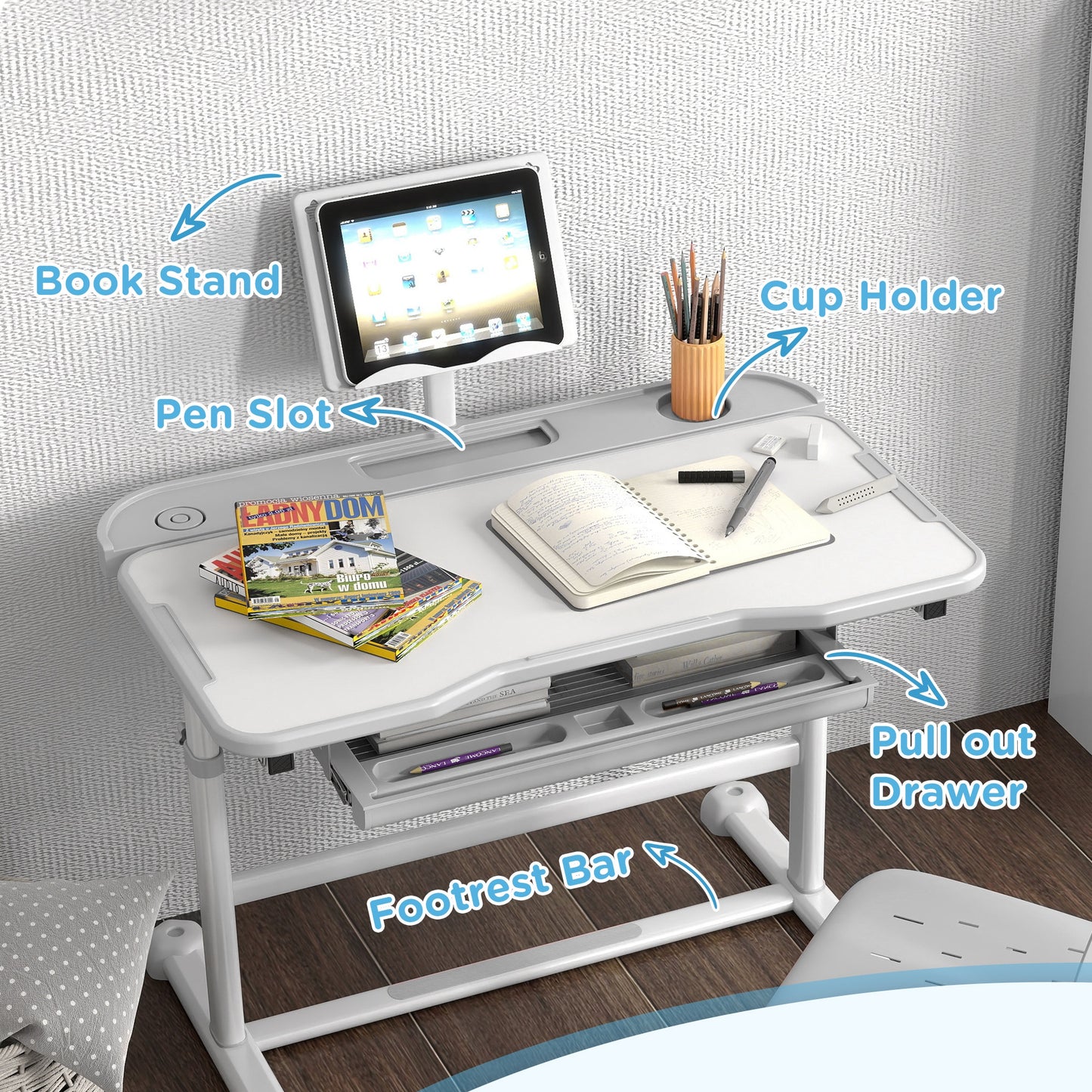 Height Adjustable Kids Desk and Chair Set with Tilt Desktop, Large Writing Board, Storage Drawer, Book Stand, Grey Kids Crystal
