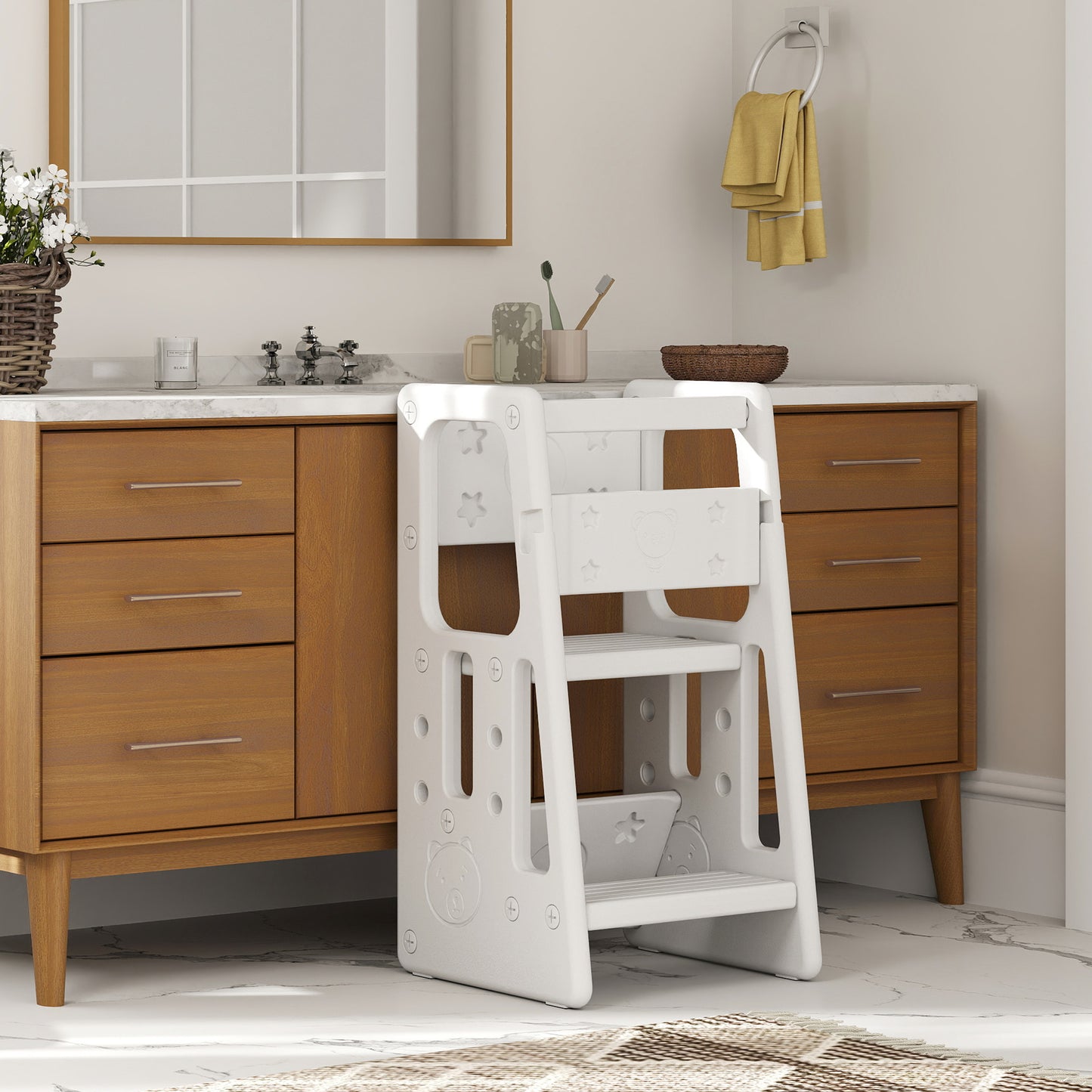 Adjustable Kids Step Stool, Toddler Kitchen Standing Tower with 3 Heights, White Kids Crystal