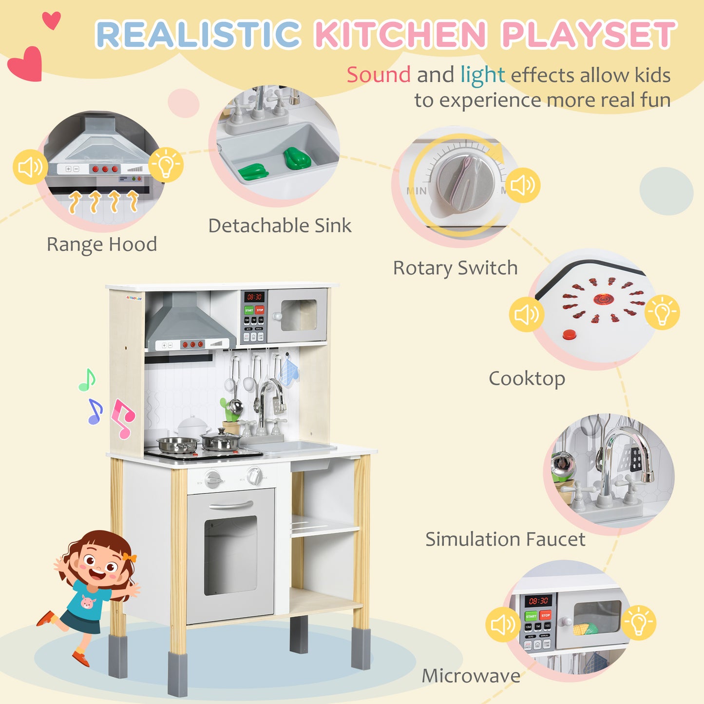 Interactive Wooden Kitchen Set for Kids - Realistic Lights, Sounds, Adjustable Height, Complete with Microwave and Hood Kids Crystal