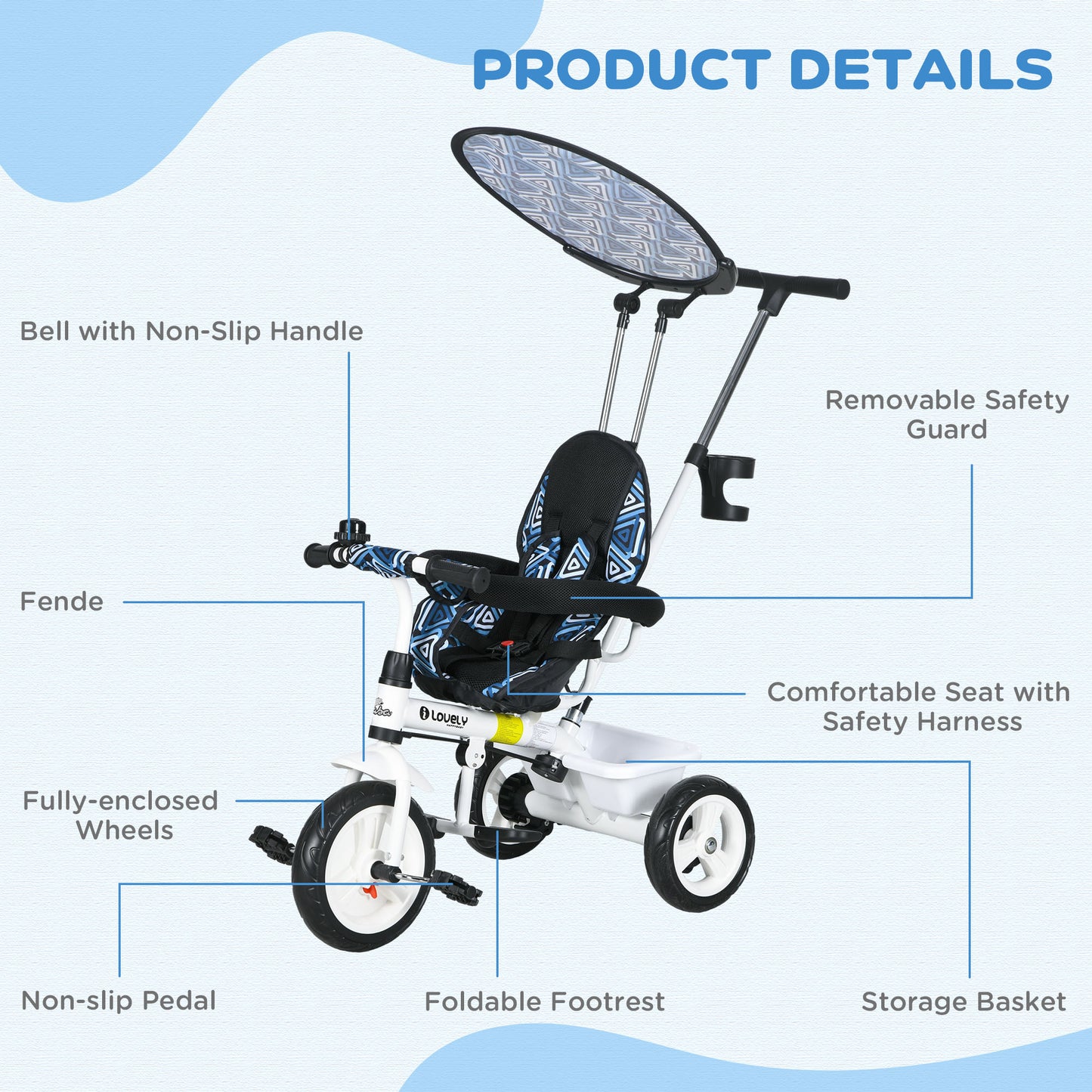 4-in-1 Convertible Kids Tricycle with Removable Handlebar and Canopy Blue