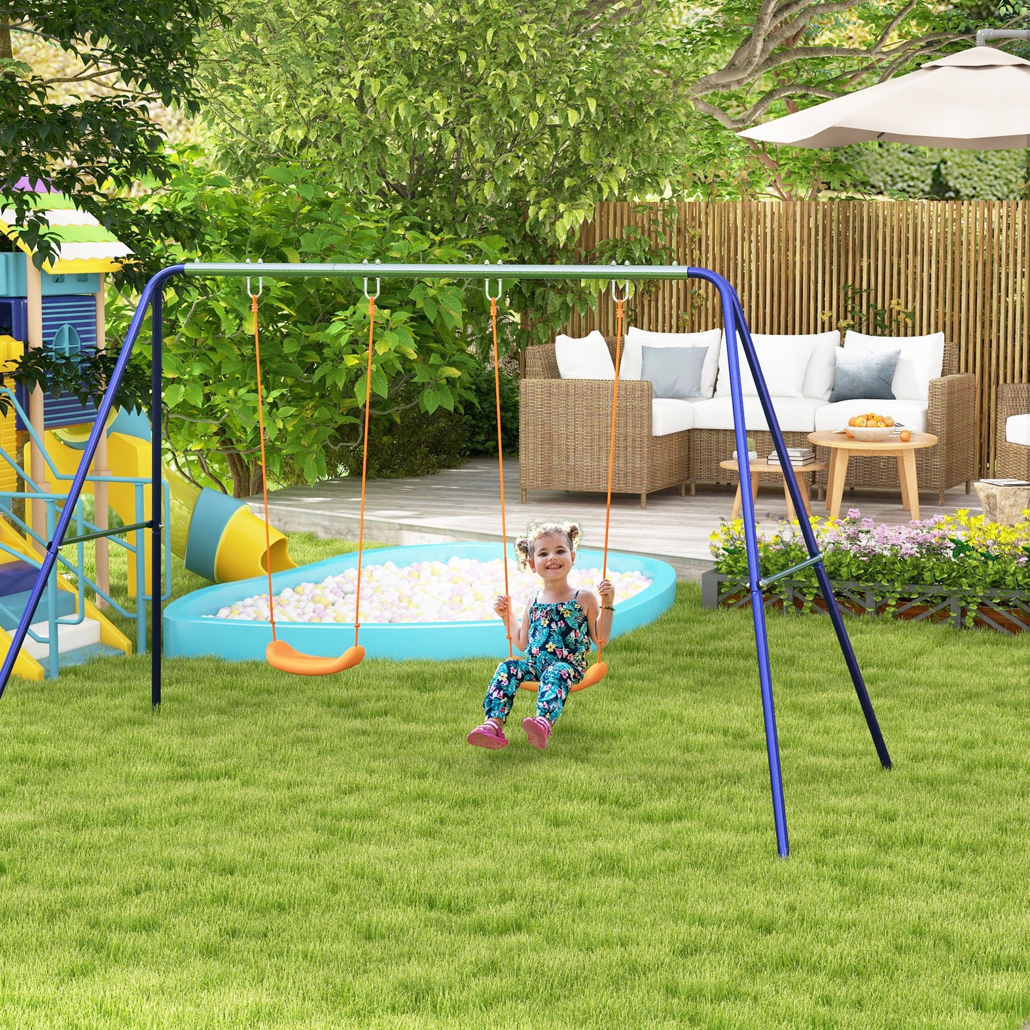Kids Swing Set Outdoor Metal Frame Double Swing Seats 1-2 Children 3-8 Years Playground Kids Crystal