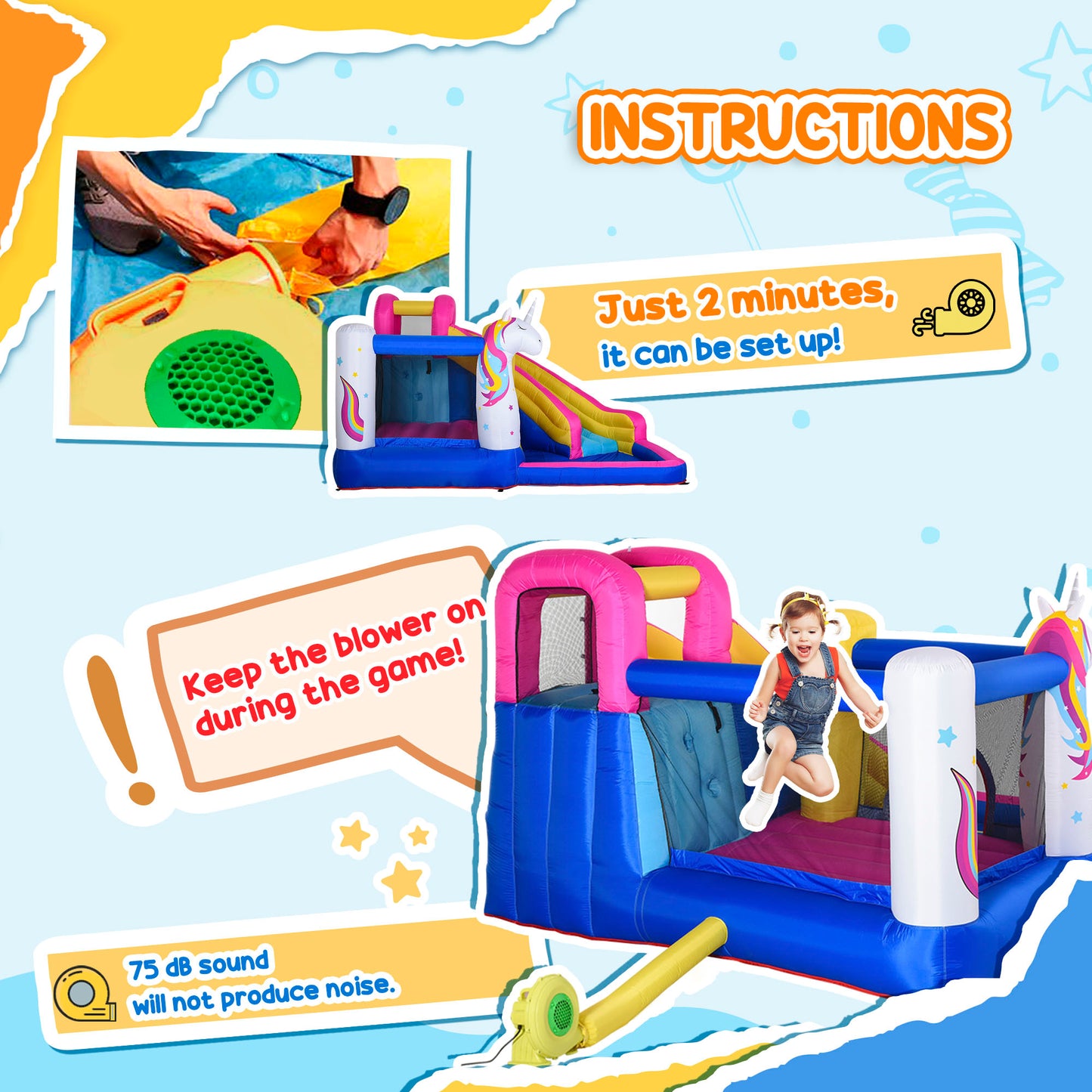 Bouncy Castle with Water Slide Inflatable Trampoline Pool for Kids 5 in 1 Climbing Wall Bounce House with Blower