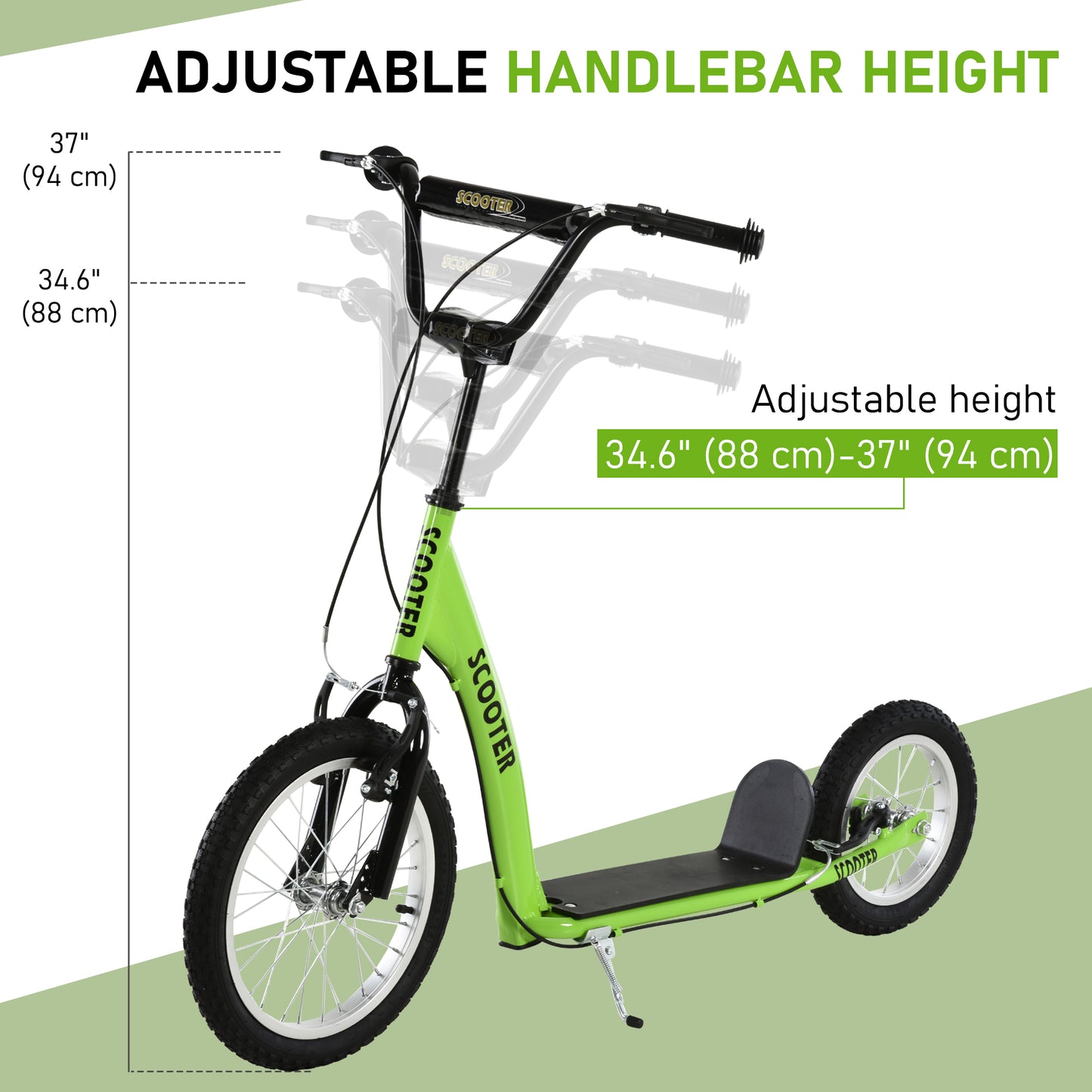 Kids Scooter with Adjustable Handlebar, Youth Kick Scooter with Dual Brakes, Inflatable Wheels, for Age 5+, Green Kids Crystal
