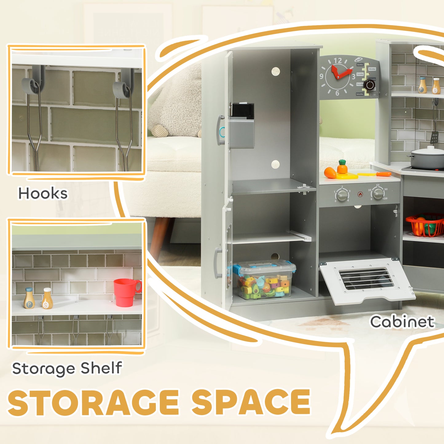 Corner Play Kitchen, Pretend Play Kitchen Set with Lights & Sounds, Stove Ice Maker Microwave Oven Kids Crystal
