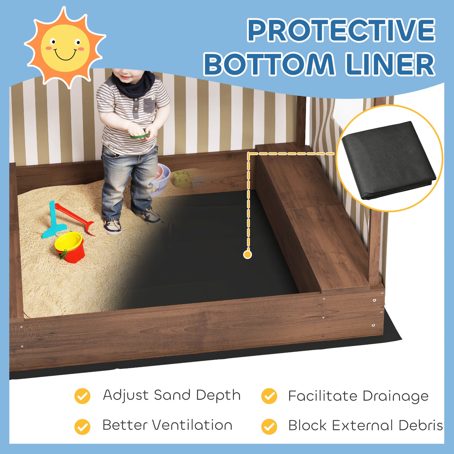 Kids Sandbox with Full Covered Canopy, Bench Seats, Bottom Liner, for Ages 3-6, 56" x 40" x 52" Brown Kids Crystal