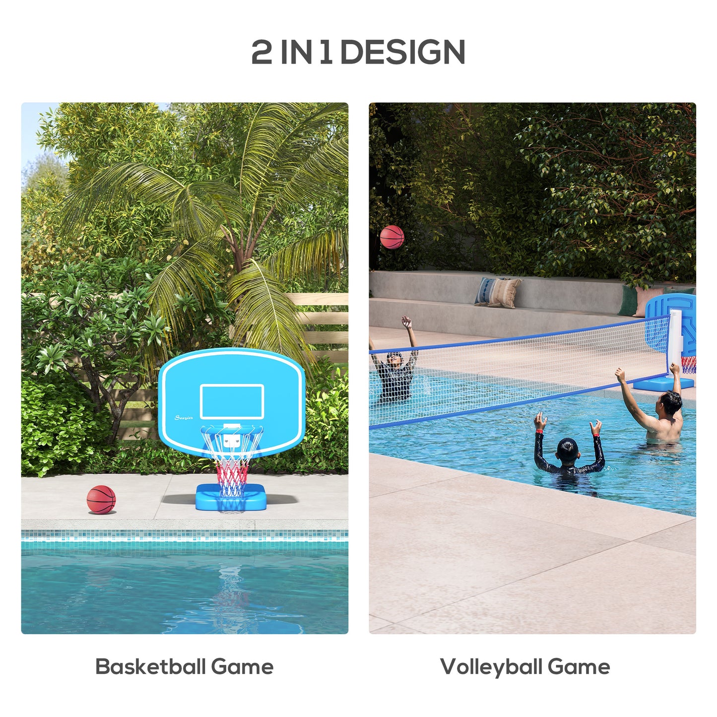 2-in-1 Pool Basketball Hoop Poolside & Volleyball Set, Portable Basketball Hoop with Fillable Base Kids Crystal