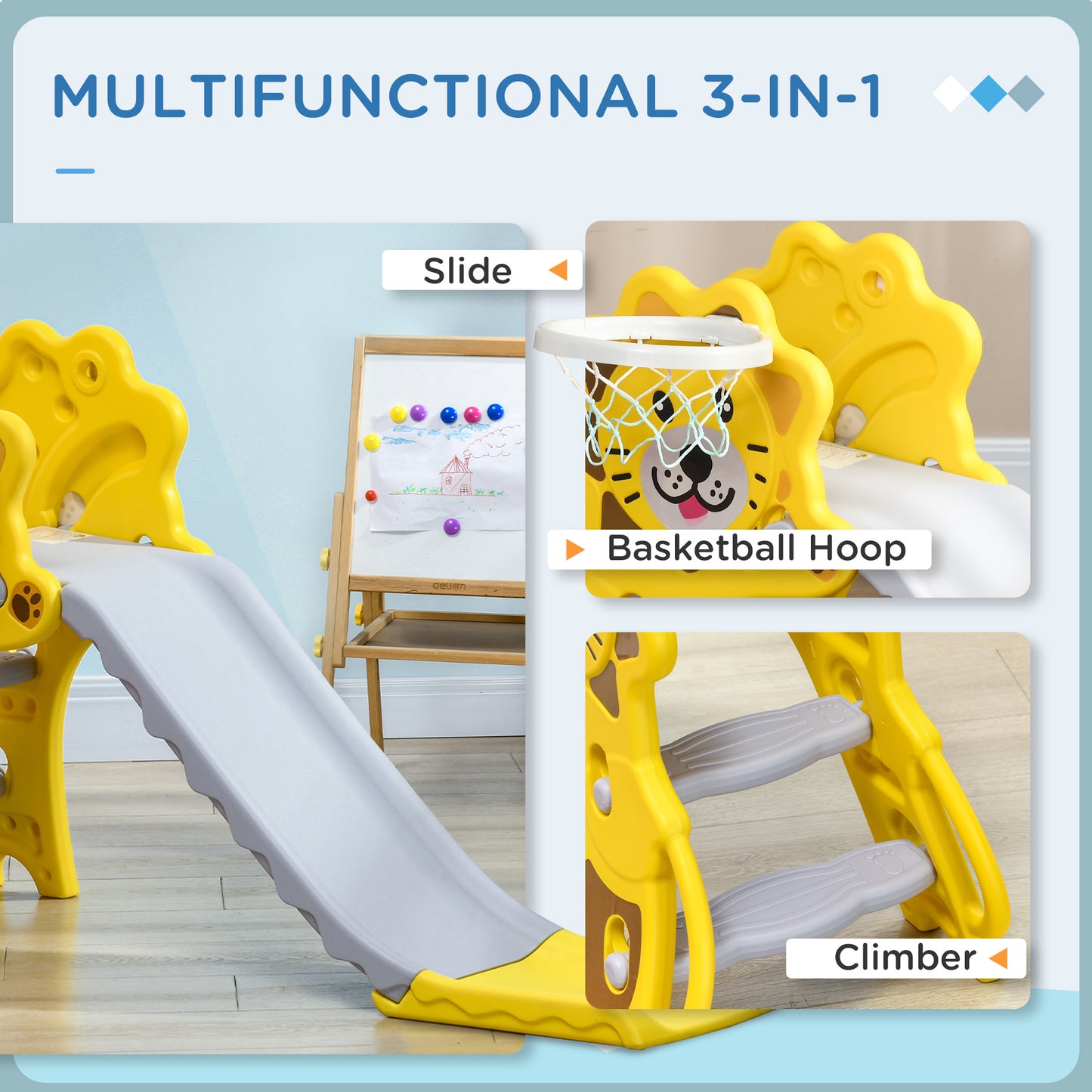 2-in-1 Toddler Slide and Basketball Hoop Playset for Kids 18-36 Months Indoor Activity Yellow Kids Crystal