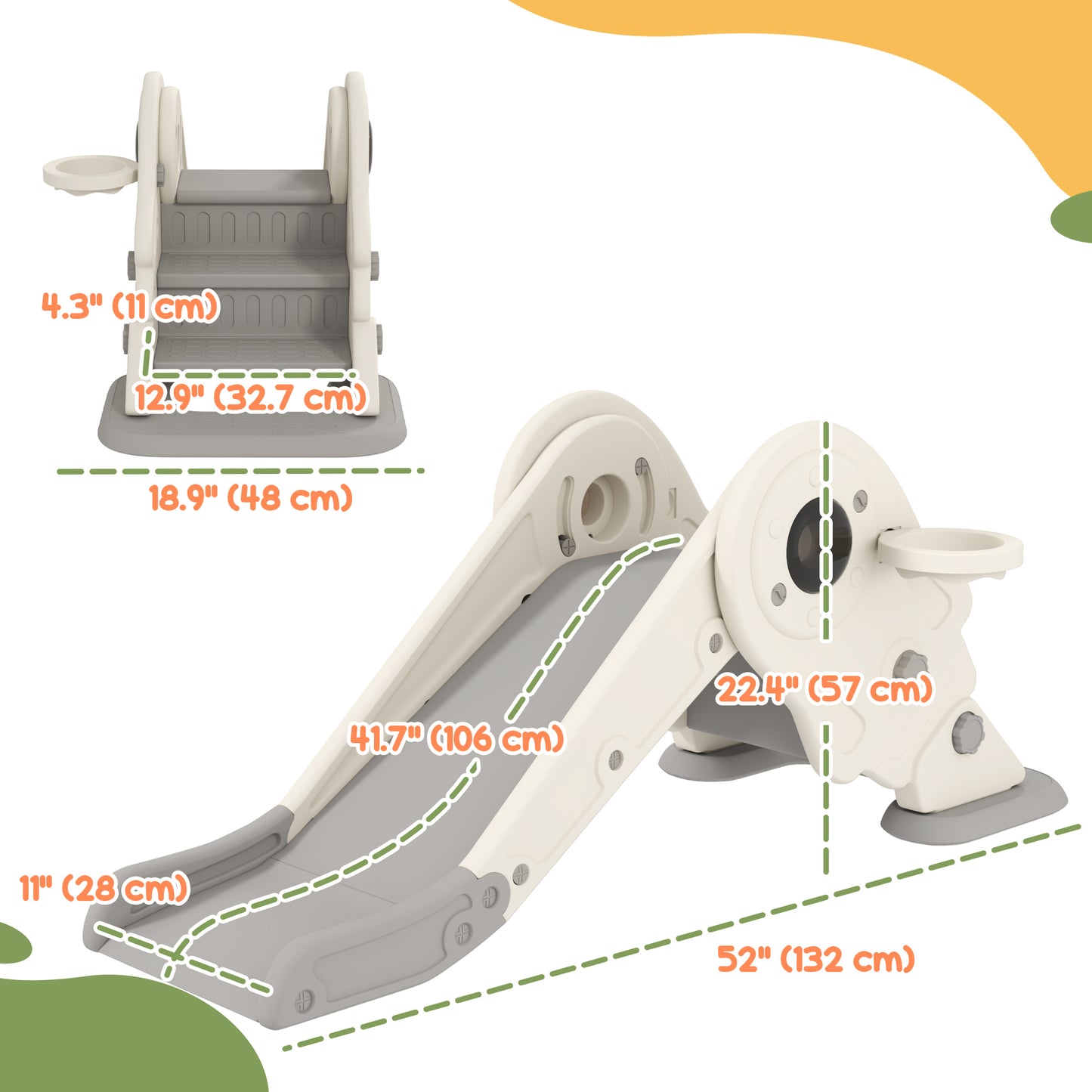 3 in 1 Toddler Slide, Foldable Kids Slide with Basketball Hoop, Climber, Anti-Slide Step for Ages 2-5, Cream White Kids Crystal