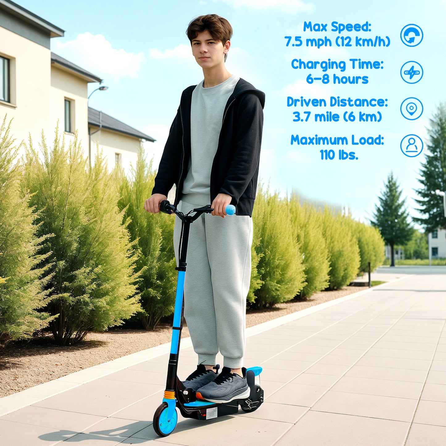 Foldable Electric Scooter for Kids Ages 6-14, with Seat and 2 Adjustable Heights, Max 6km Range & 12km/h, Blue Kids Crystal