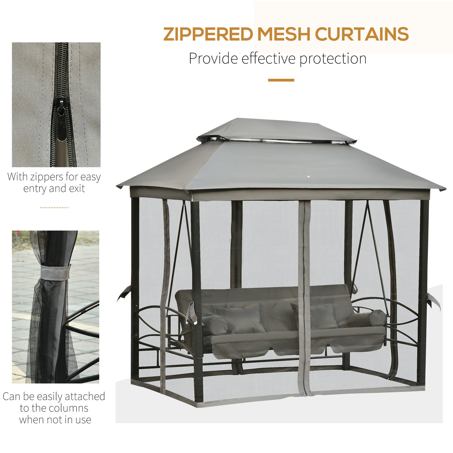 3 Person Outdoor Patio Daybed 3 in 1 Canopy Gazebo Swing Chair Garden Hammock with Mesh Mosquito Net and Sun Shade Grey
