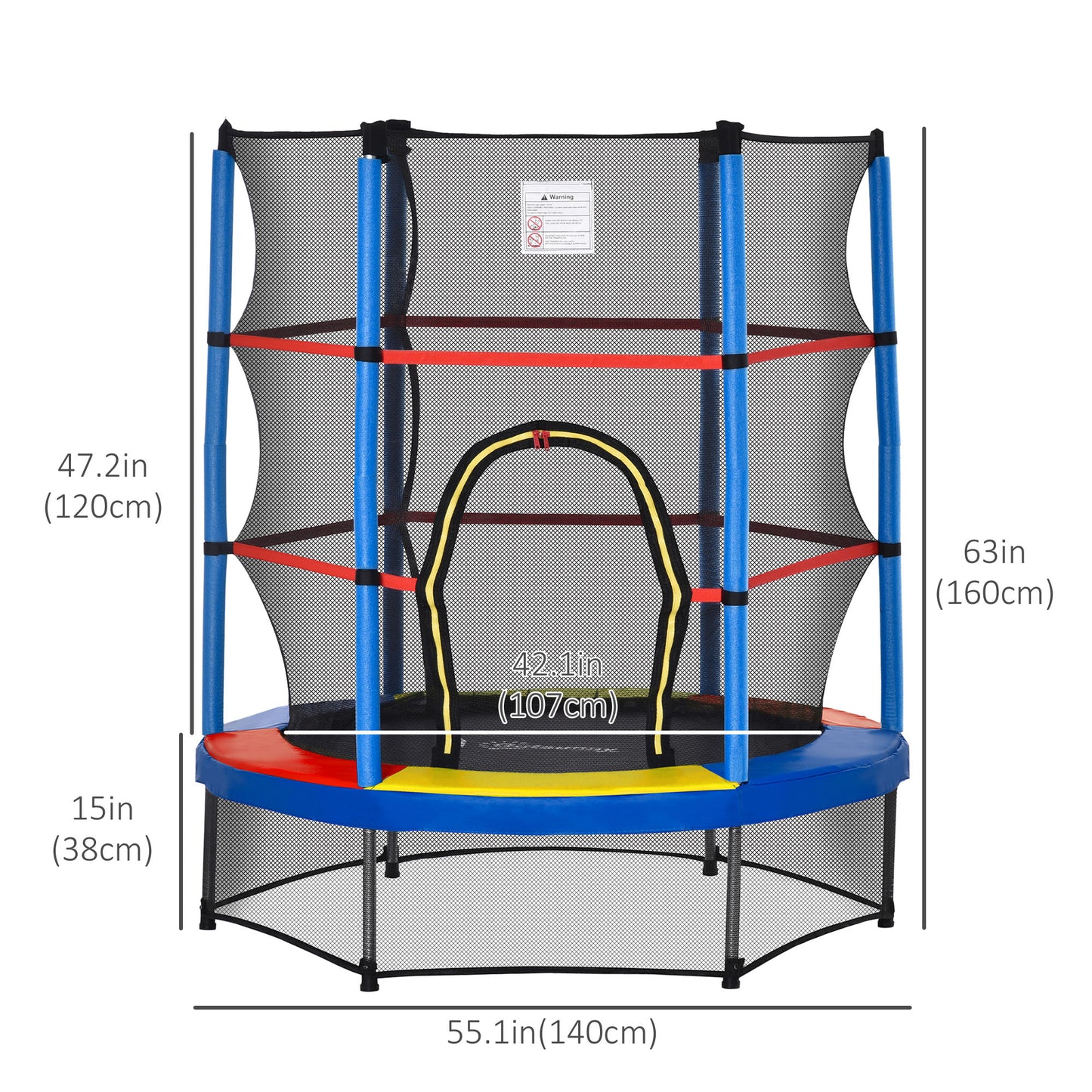 Kids Trampoline: ?55" Round, Safety Net, Indoor Bouncer, 3-6 Years, Steel Frame, Multi-Coloured Kids Crystal