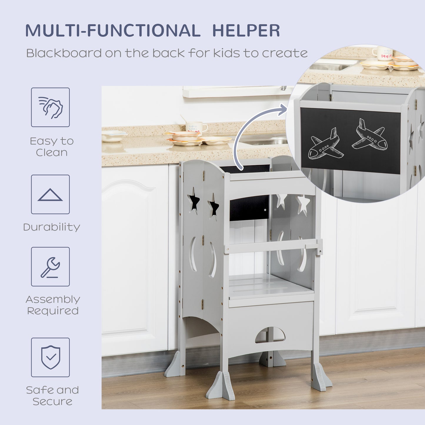 Foldable Kids Kitchen Helper Stool with Blackboard & Lockable Handrail for Ages 3-6 in Grey