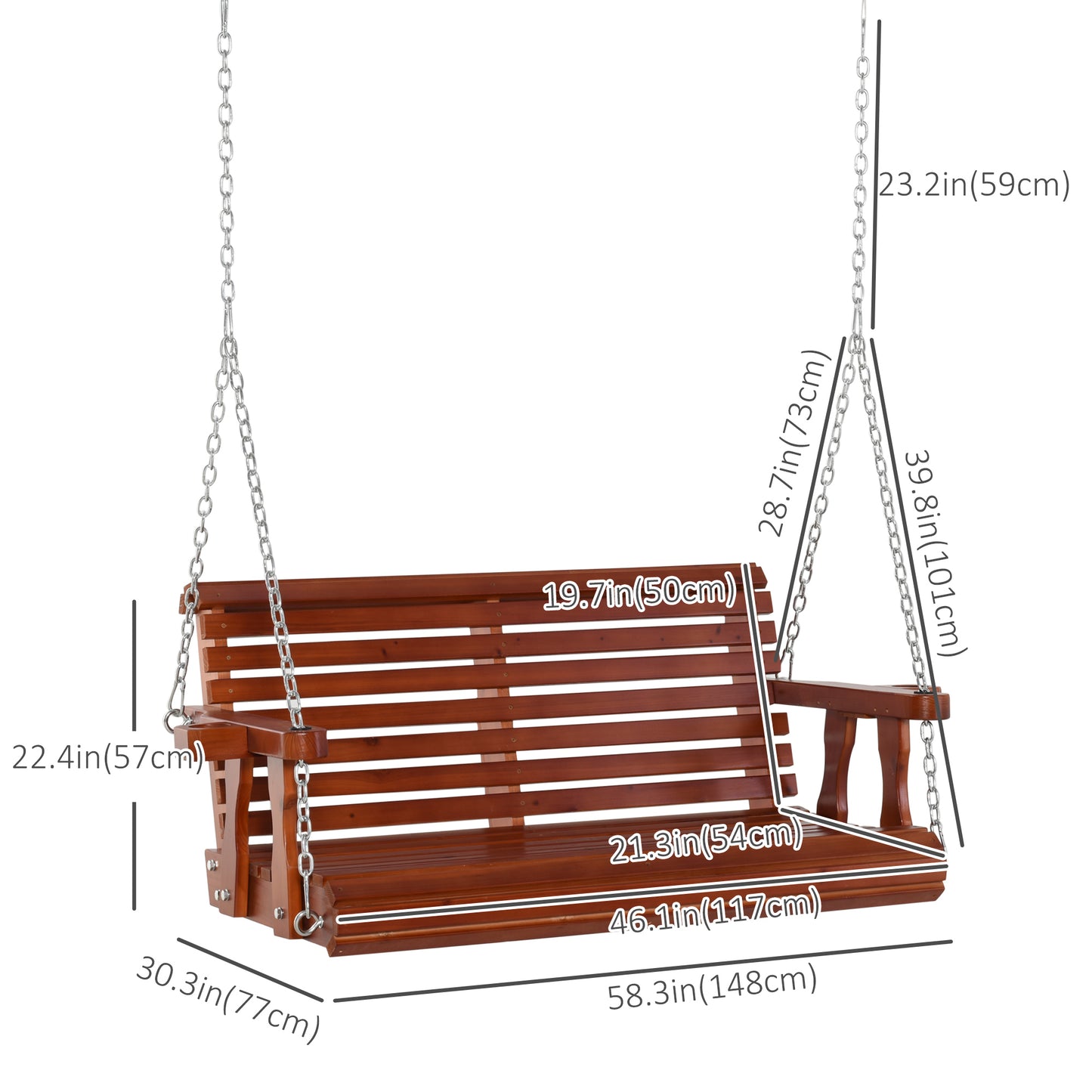 Wooden Patio Swing Chair 2 Seater Porch Swing with Cup Holder Chains Outdoor Bench for Garden Yard Brown Kids Crystal