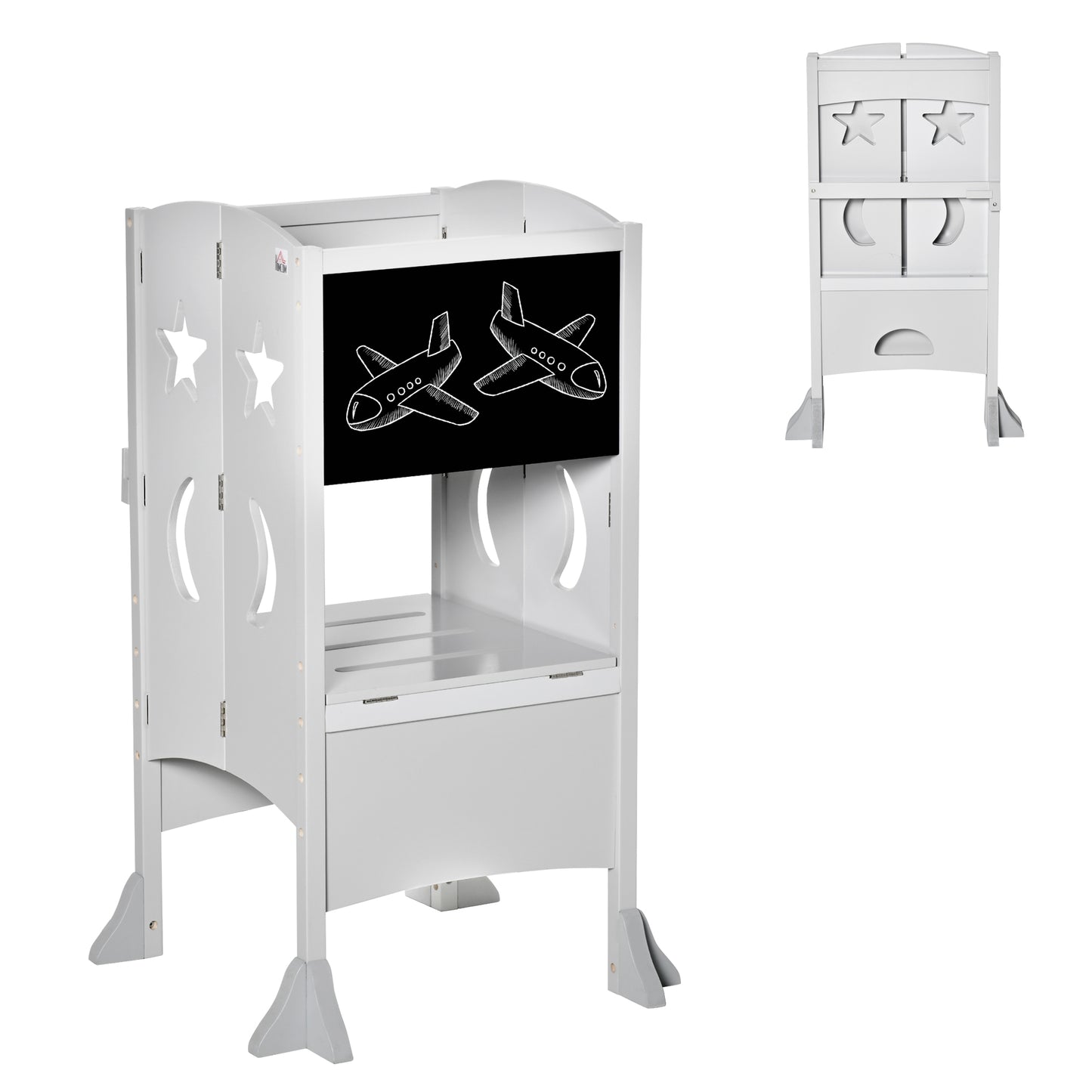 Foldable Kids Kitchen Helper Stool with Blackboard & Lockable Handrail for Ages 3-6 in Grey
