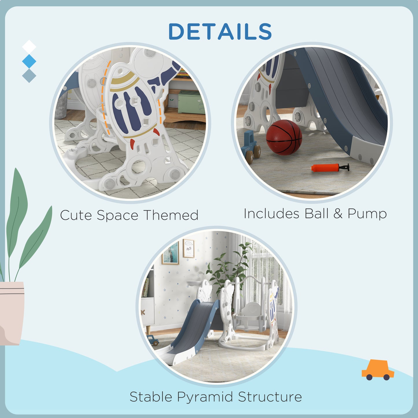 Galactic Playtime: 3 in 1 Toddler Swing Slide Set with Basketball Hoop, Indoor Playground Space Theme, White Blue Finish Kids Crystal