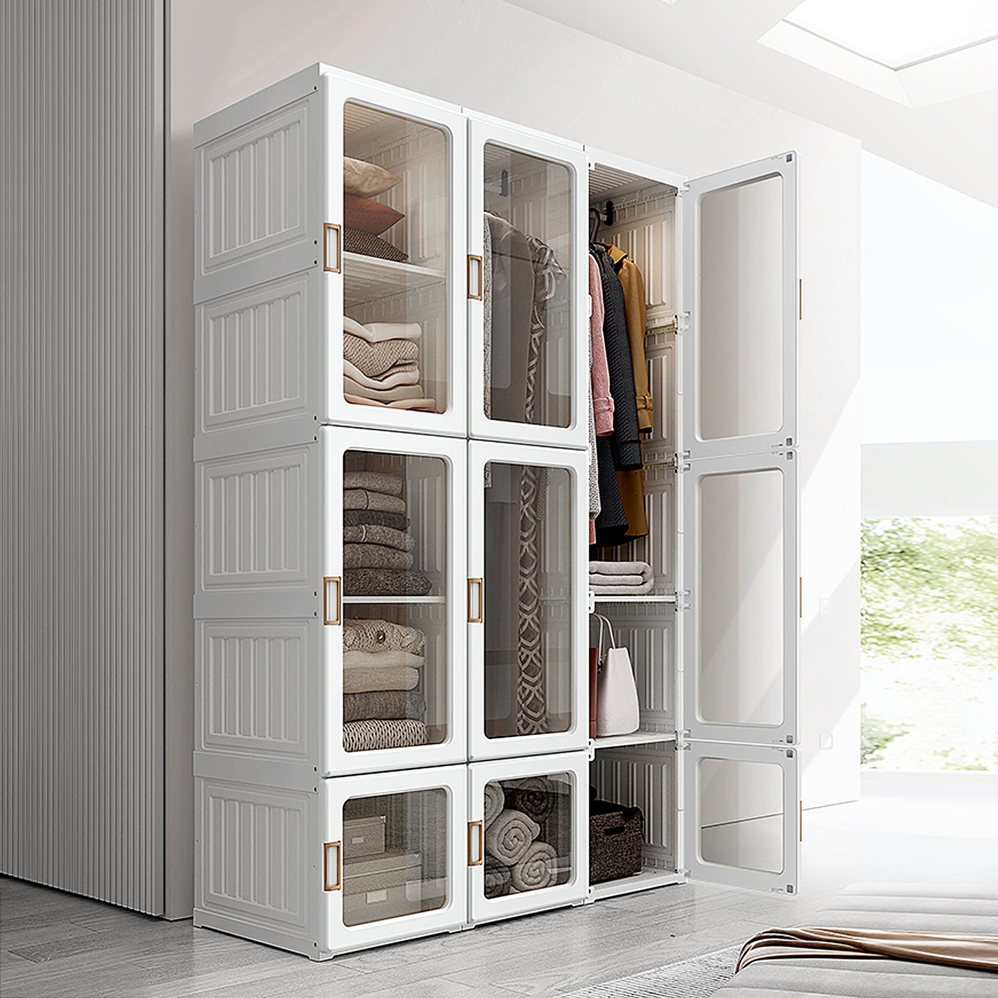 Portable Wardrobe Closet, Bedroom Armoire, Foldable Clothes Organizer with Cube Storage, Hanging Rods, Magnet Doors, White Kids Crystal