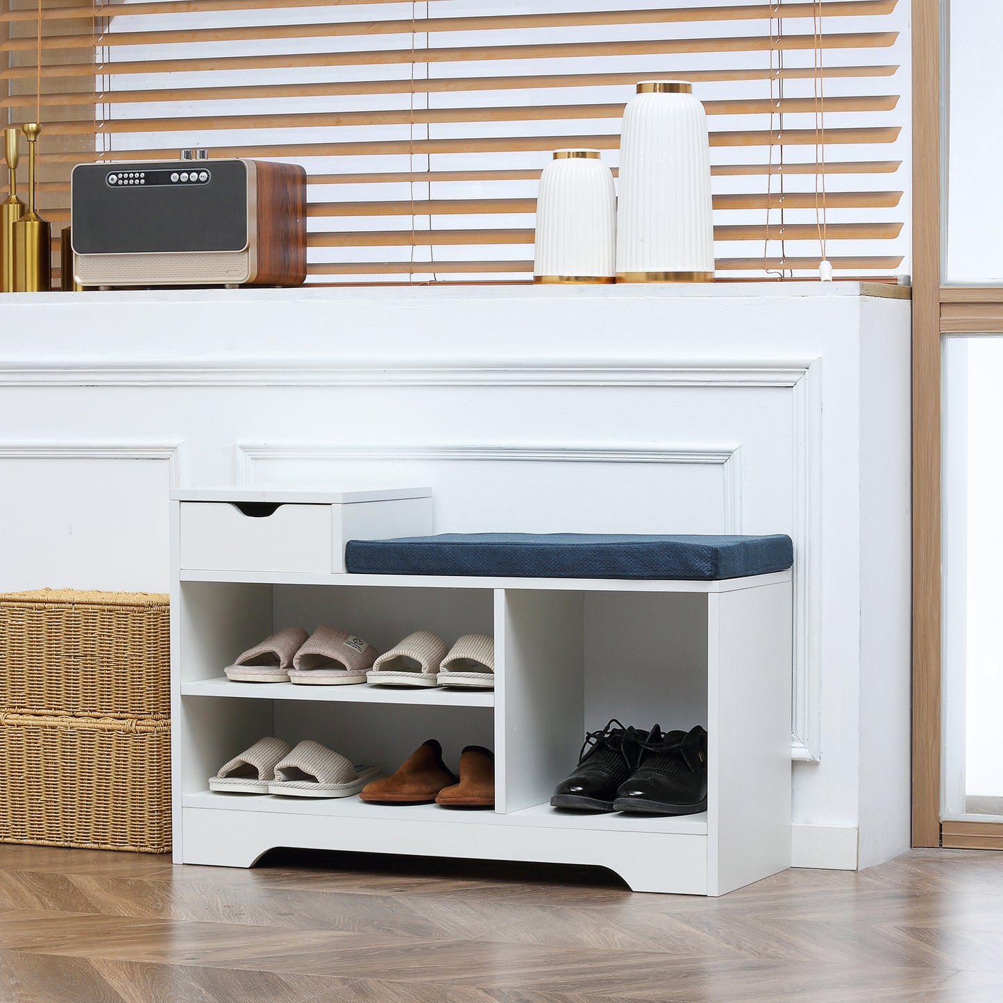 White Entryway Shoe Bench: Cushioned Seat with Storage Drawer & Open Shelving for Convenient Access Kids Crystal