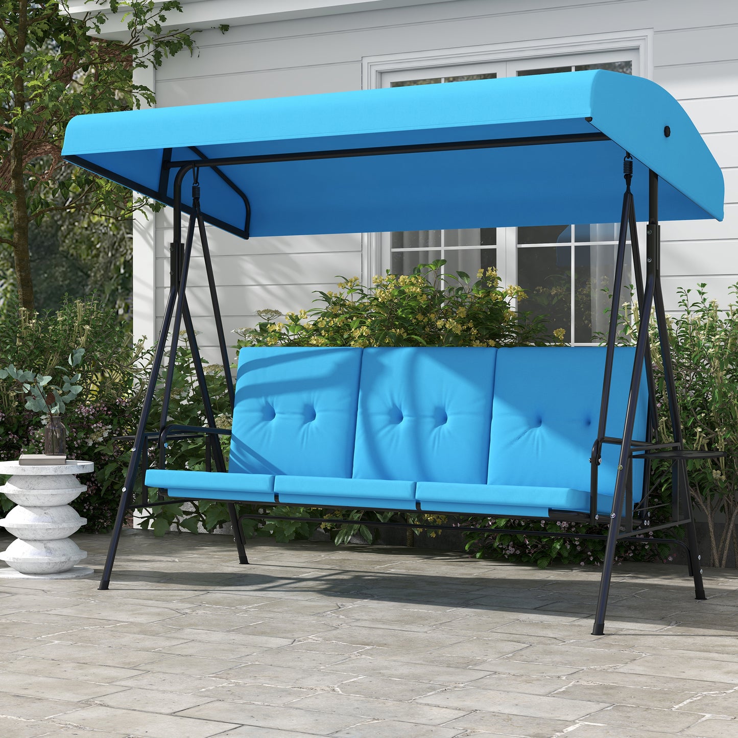 3-Seat Patio Swing with Adjustable Canopy & Side Tray, Outdoor Porch Swing, Removable Blue Cushion for Garden, Poolside Kids Crystal