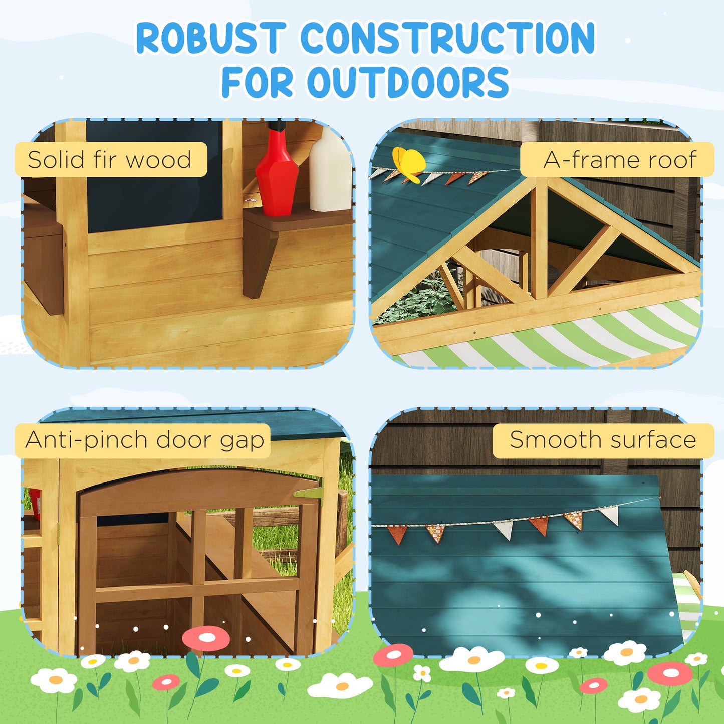 Wooden Foldable Outdoor Playhouse for Kids Ages 3-8, Snack Bars, Working Door, Rain Covers, Blackboards, Brown Kids Crystal