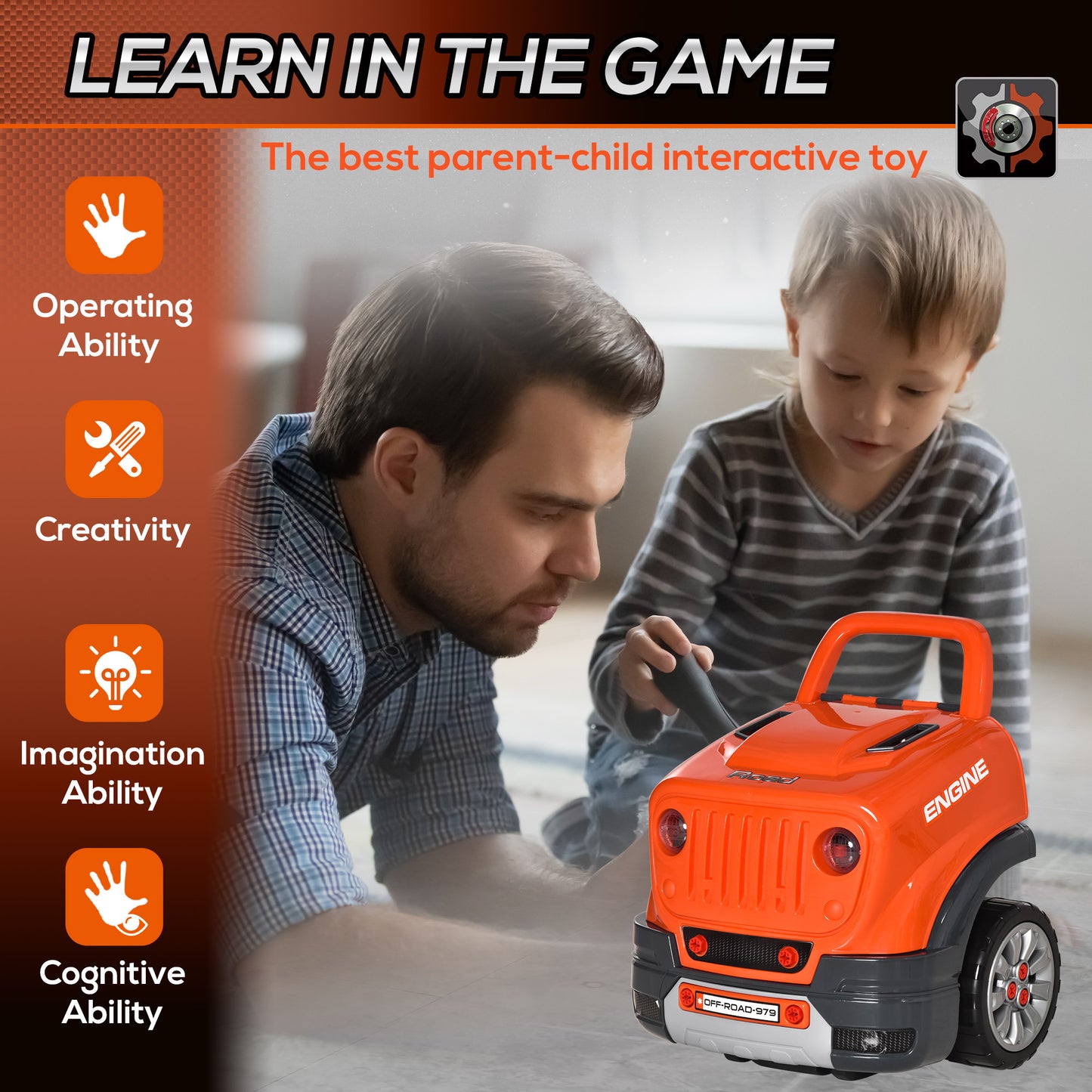 Mechanic's Delight: Educational Kids Truck Engine Toy Set, Car Service Station Playset with Steering Wheel, RC Car Key, Orange Kids Crystal