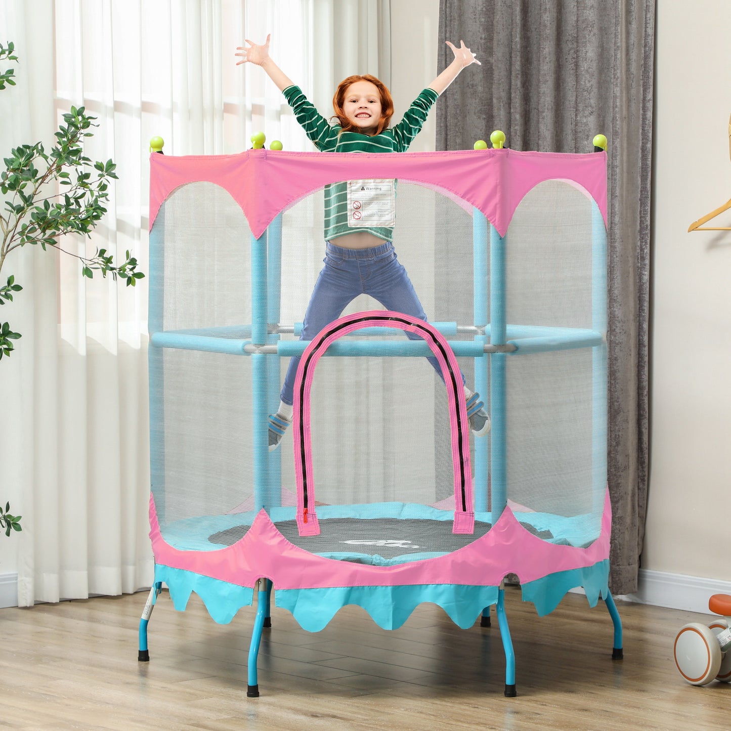 Trampoline for Kids, 4.6FT Mini Toddler Trampoline Indoor Outdoor with Handlebar, Safety Enclosure Net, Pink Kids Crystal