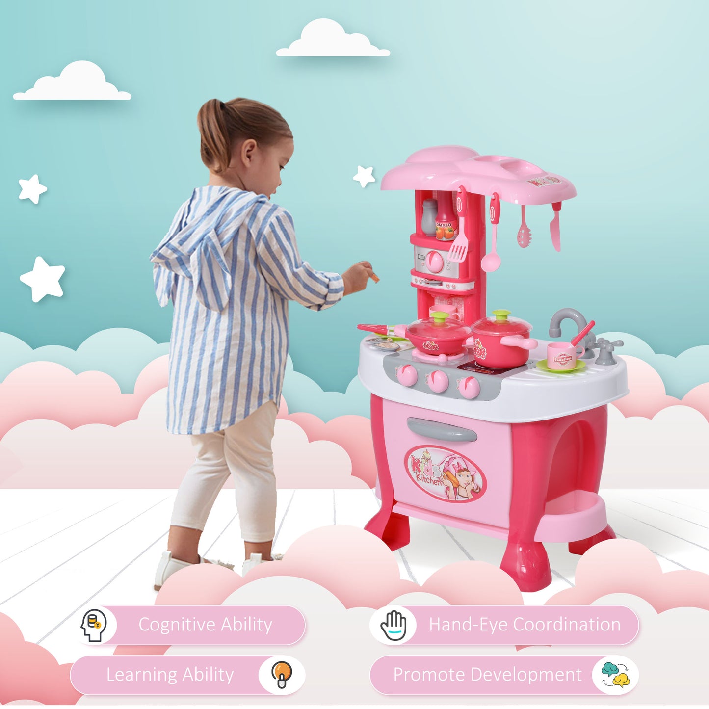 Children's Kitchen Playset with Light & Sound, 38Pcs Toy Accessories, Ideal for Pretend Play, Pink Kids Crystal
