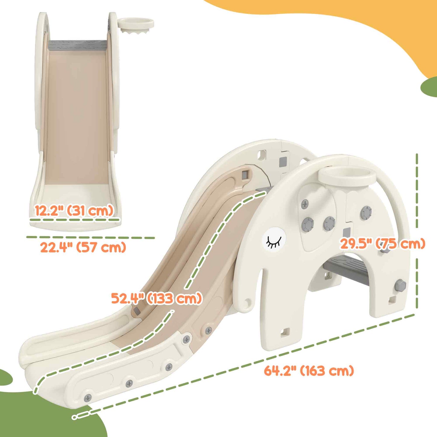 3 in 1 Toddler Slide with Basketball Hoop, Climber, for 1-3 Years Old, Elephant-themed Kids Crystal