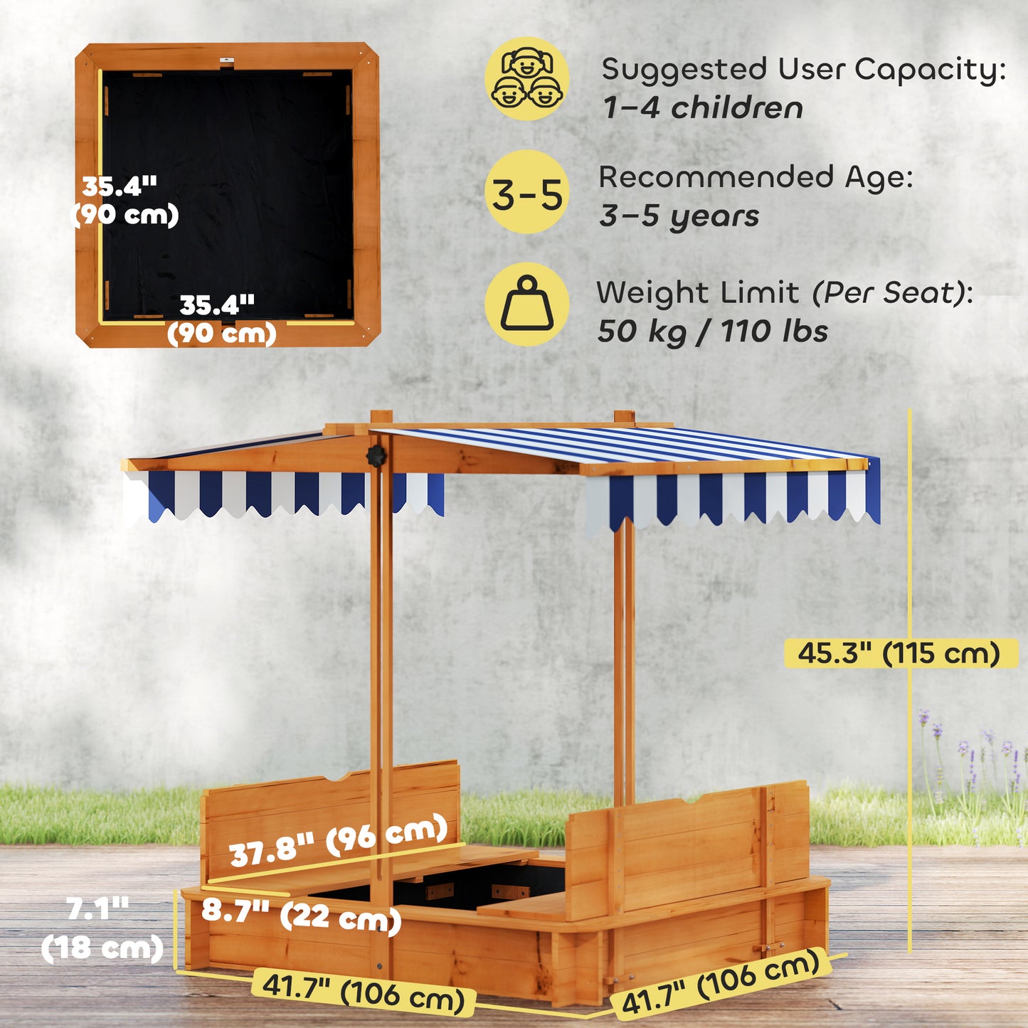 Kids Sandbox Wooden with Cover Adjustable Canopy Foldable Bench Seats Sand Play Red Kids Crystal