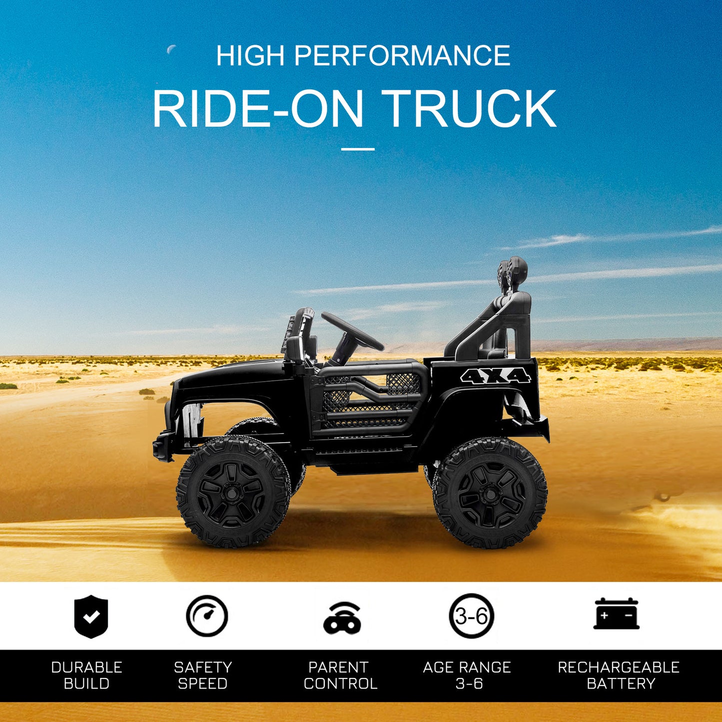 12V Battery Powered Kids Ride On Car Off Road Truck Toy w/ Parent Remote, Black Kids Crystal