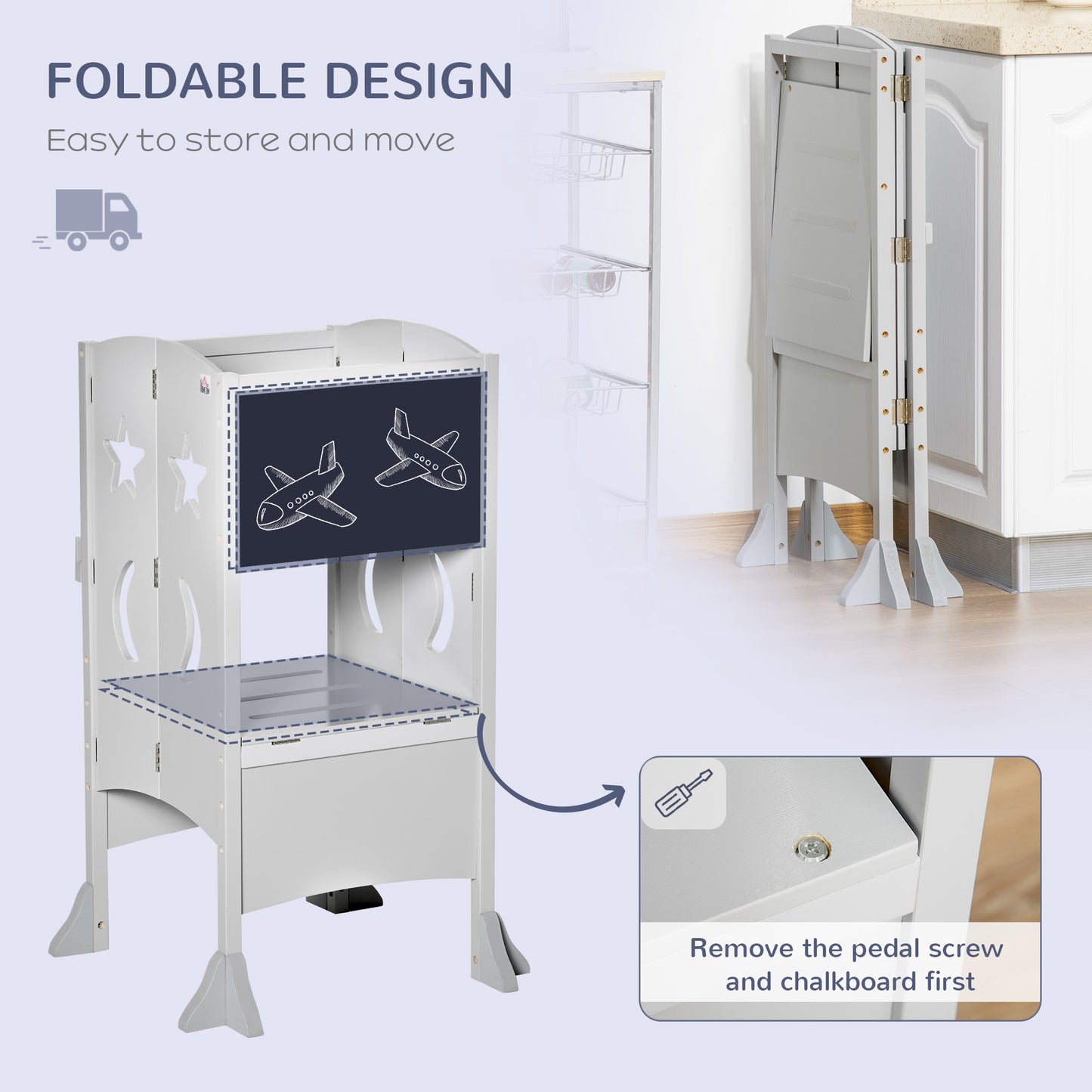 Foldable Kids Kitchen Helper Stool with Blackboard & Lockable Handrail for Ages 3-6 in Grey