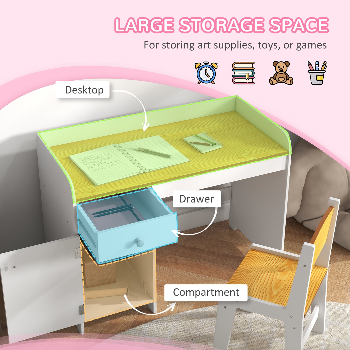 Kids Desk and Chair Set for 3-6 Year Old with Storage Drawer Study Table and Chair for Children White Kids Crystal