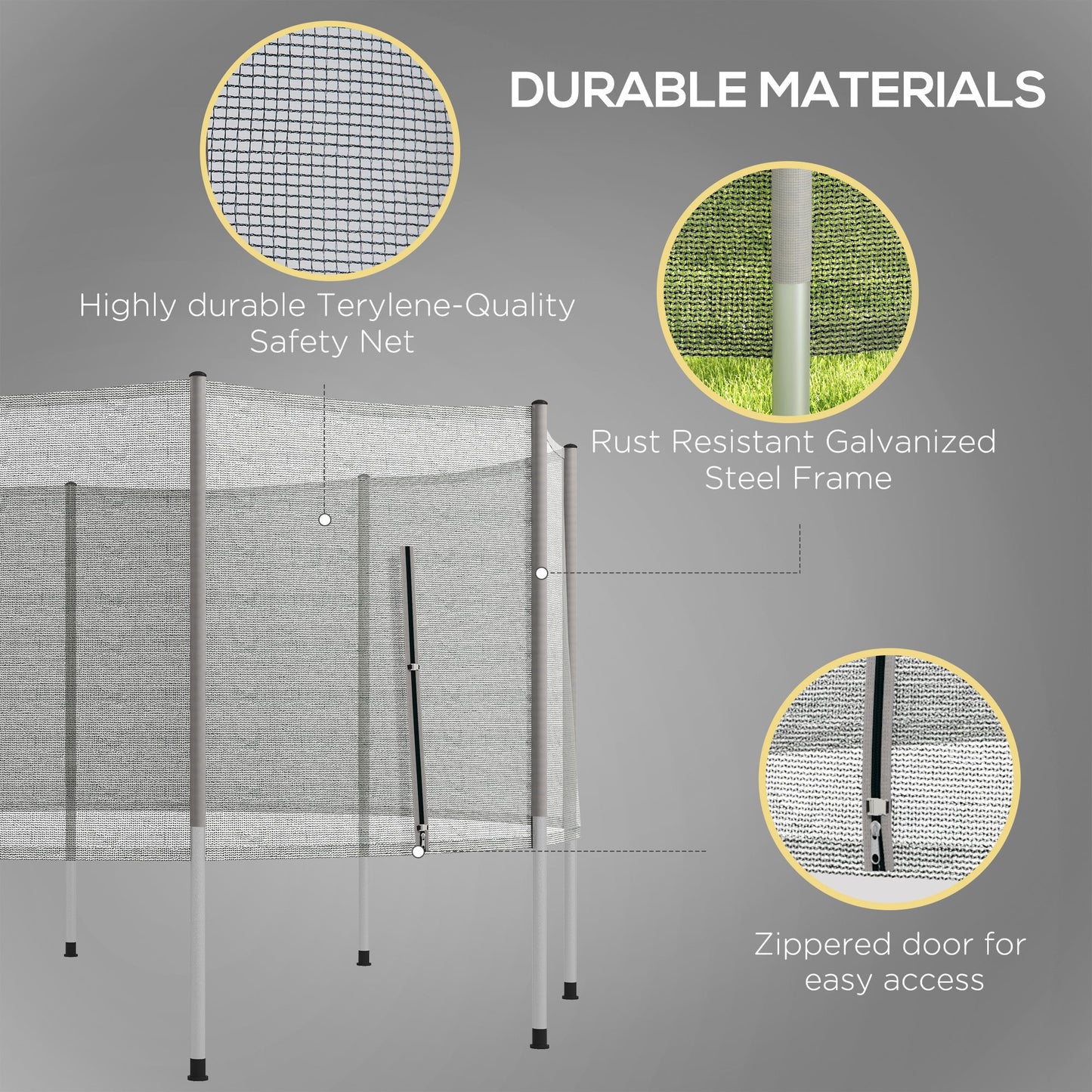 12FT Trampoline Safety Net Enclosure with 8 Poles Replacement Protective Mesh Grey Kids Crystal