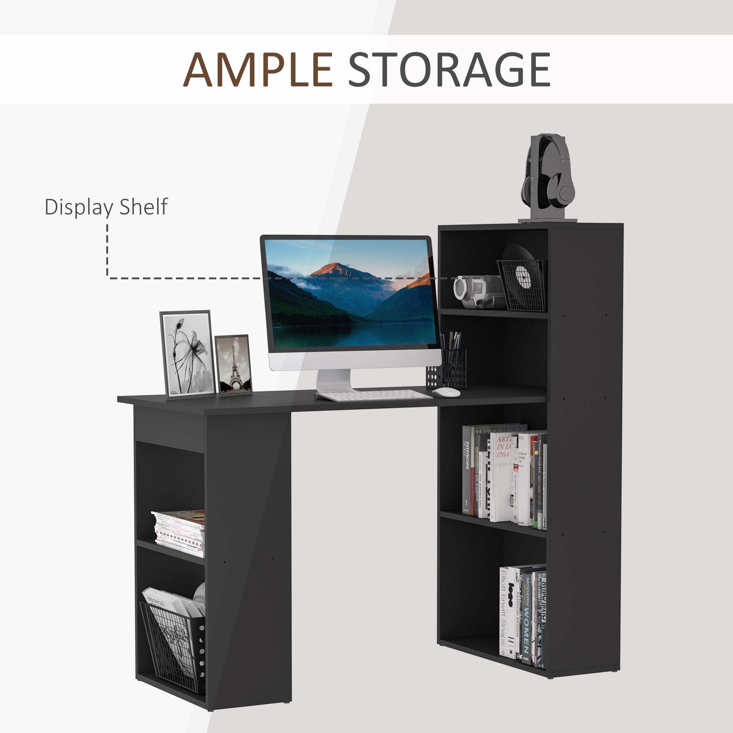 Modern Compact Computer Desk: 6-Tier Storage Shelves, Writing Table Workstation, Bookshelf, Home Office, Black Kids Crystal