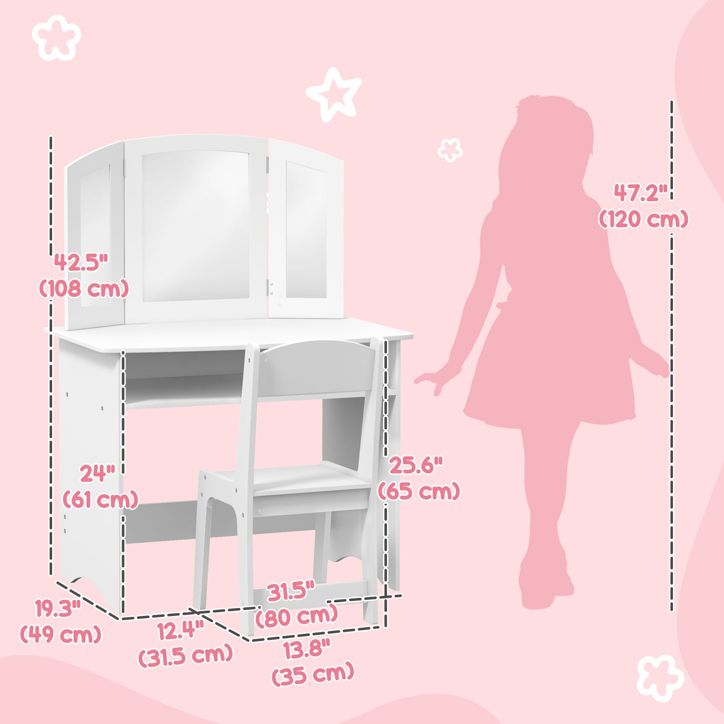 2 in 1 Kids Vanity Set Makeup Dressing Table Pretend Play Set with Tri-Folding Mirror, Stool, Storage Shelf Kids Crystal