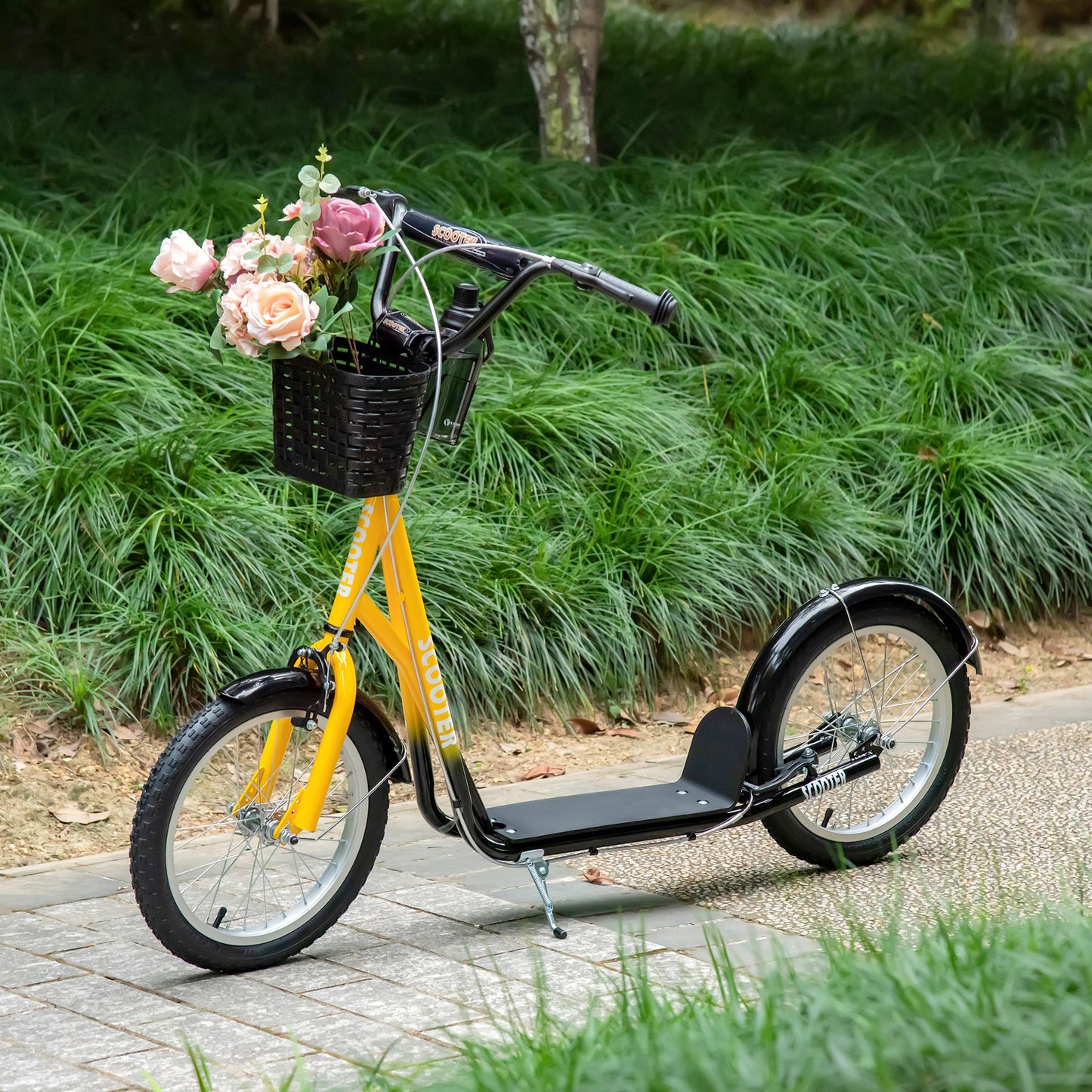 Kick Scooter with Adjustable Handlebar, Kids Scooter with 2 Brakes Basket Cupholder 16" Inflatable Rubber Tyres Orange Kids Crystal